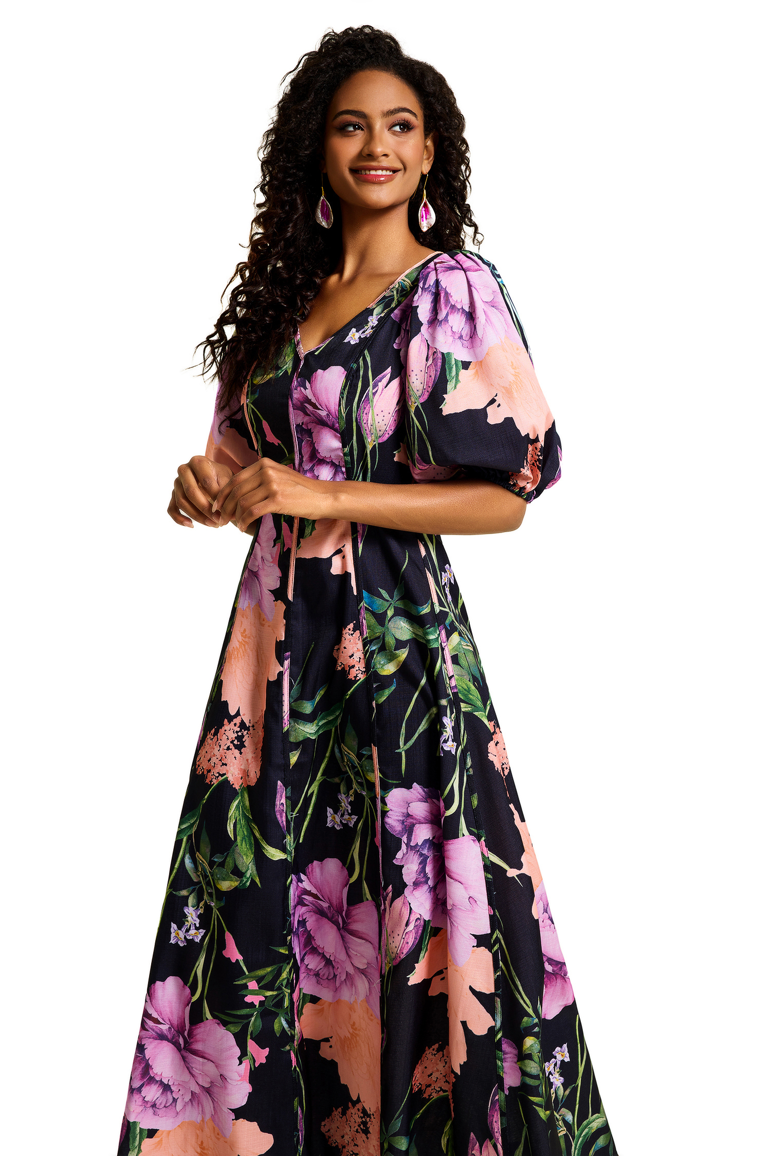 Floral V-Neck Midi Dress With Belt