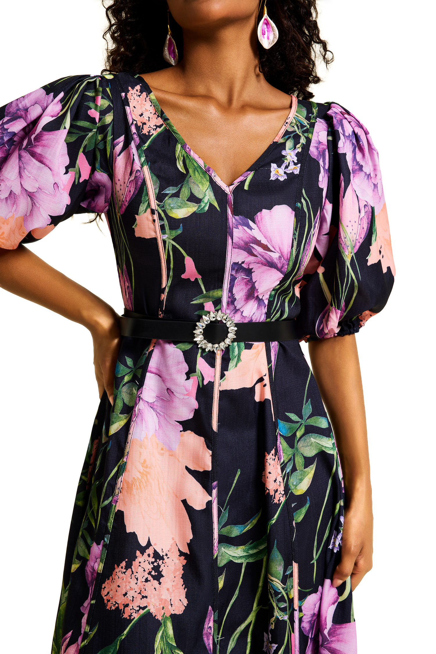 Floral V-Neck Midi Dress With Belt