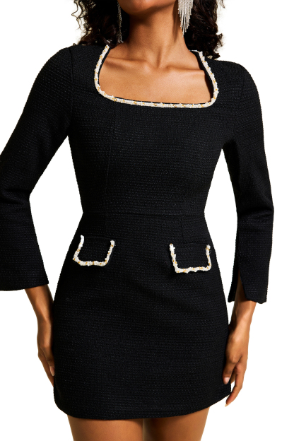 Tweed Square Collar Faux Pearl Mini Dress