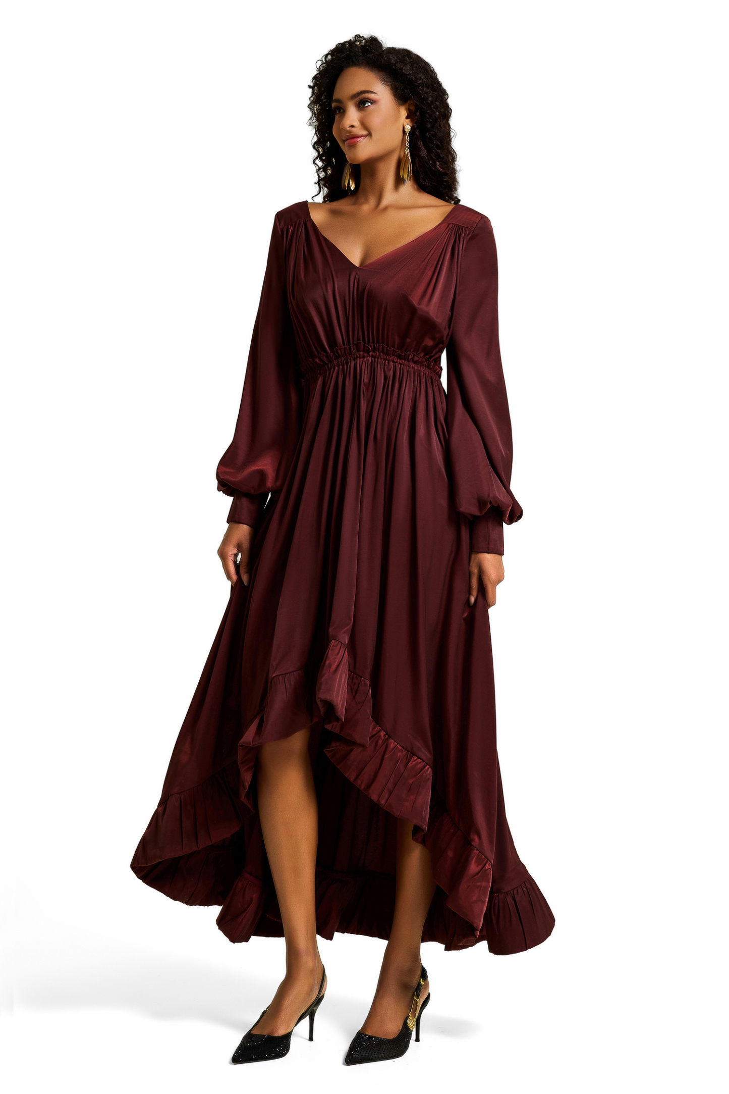 Solid Lantern Sleeve Ruffle Midi Dress
