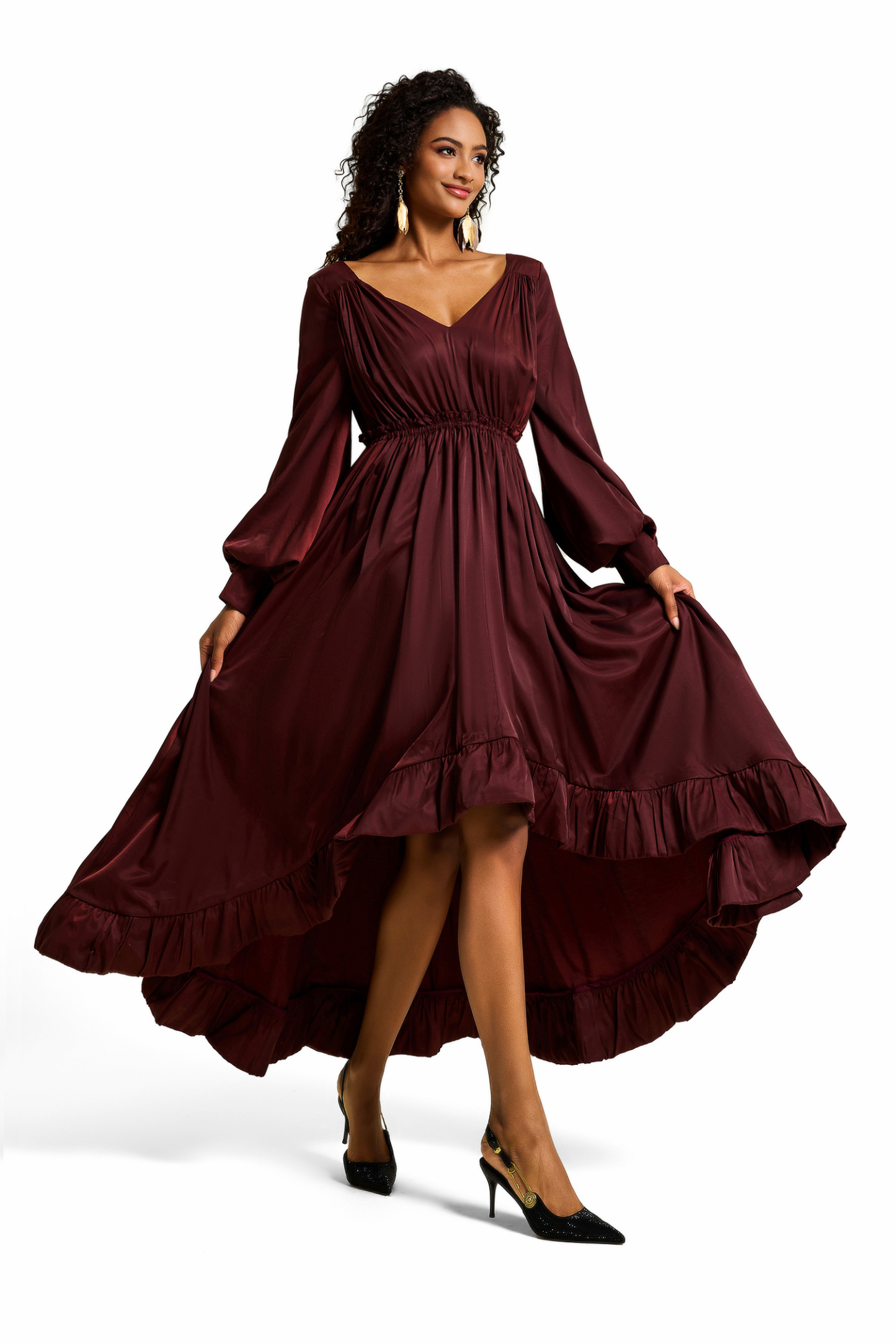Solid Lantern Sleeve Ruffle Midi Dress