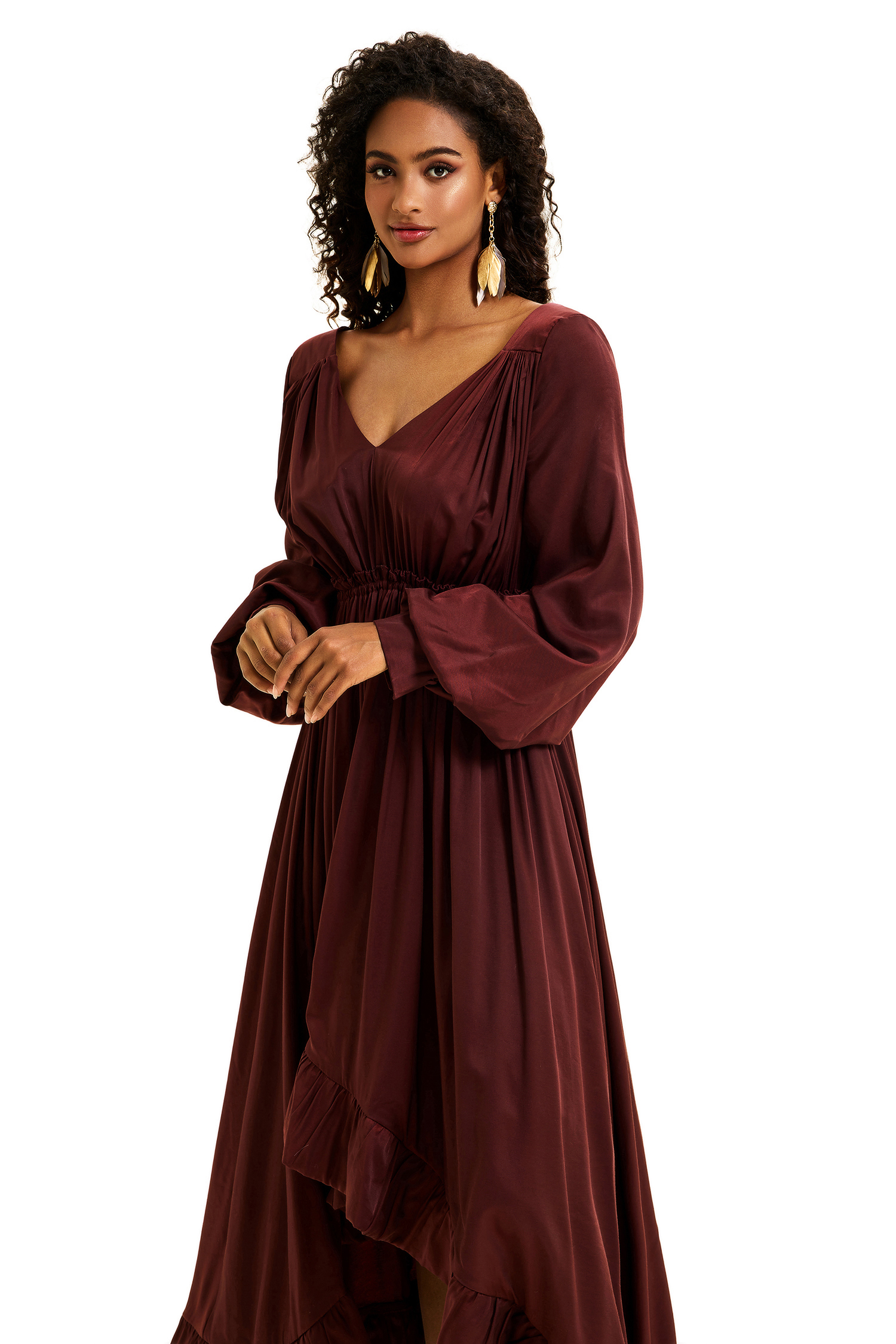Solid Lantern Sleeve Ruffle Midi Dress