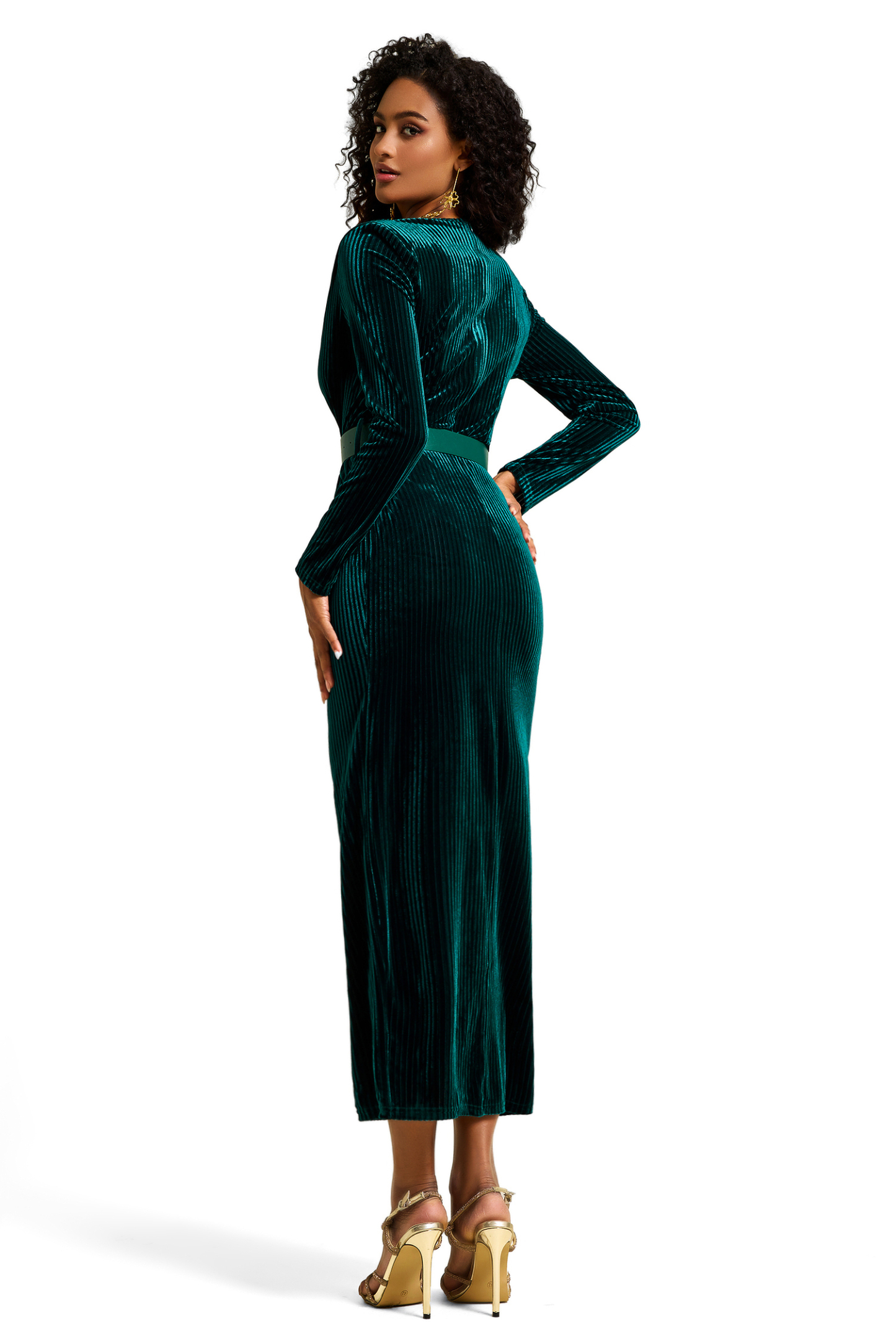 Solid Velvet V-Neck Midi Dress With Belt