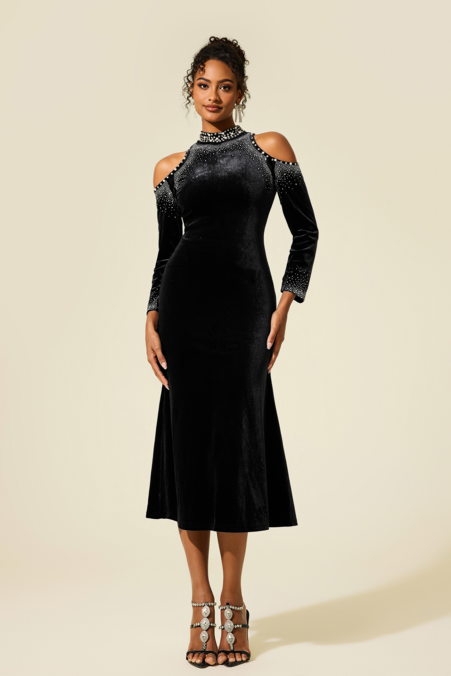 Rhinestone Cut-Out Velvet Midi Dress