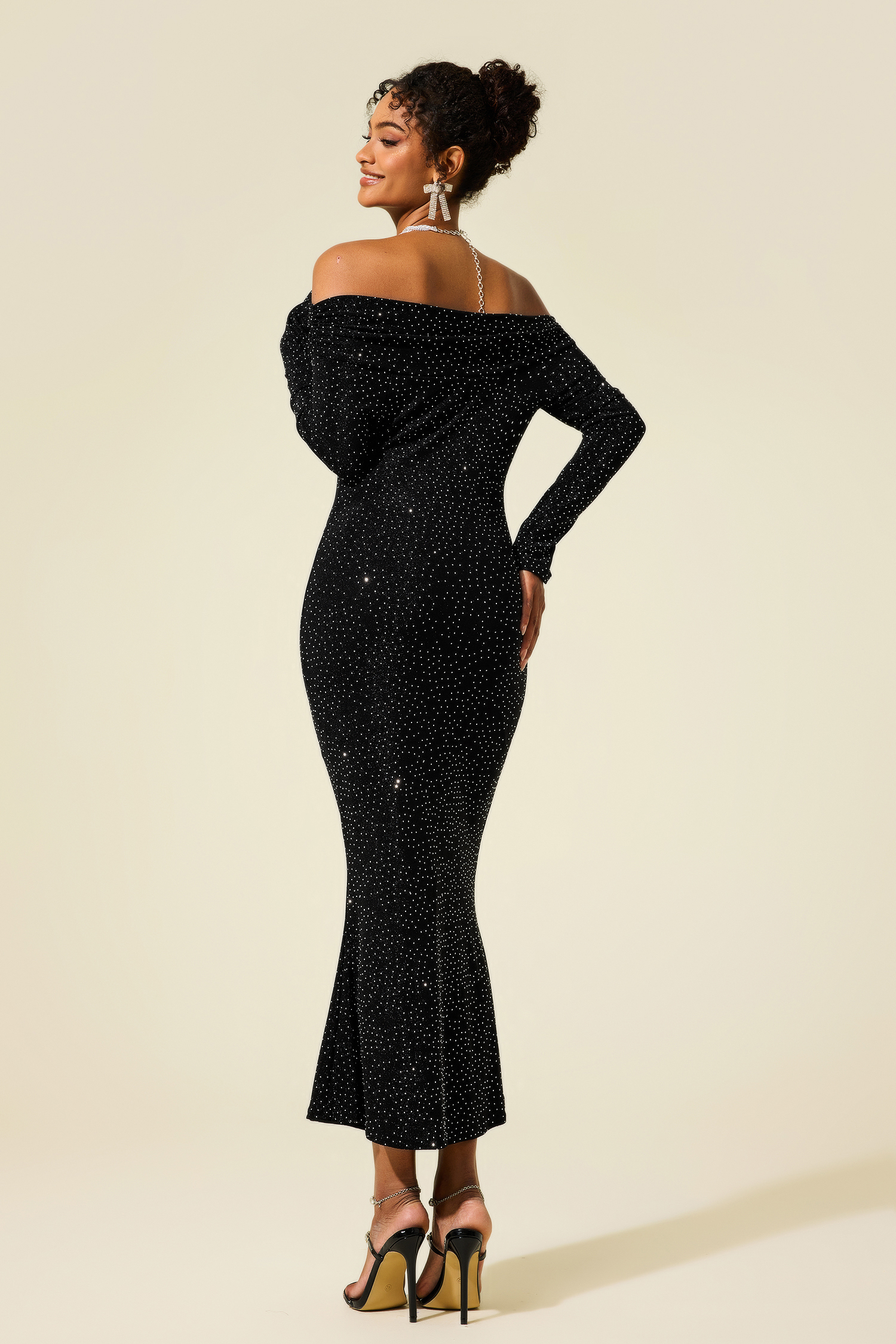 Rhinestone Off-Shoulder Midi Dress