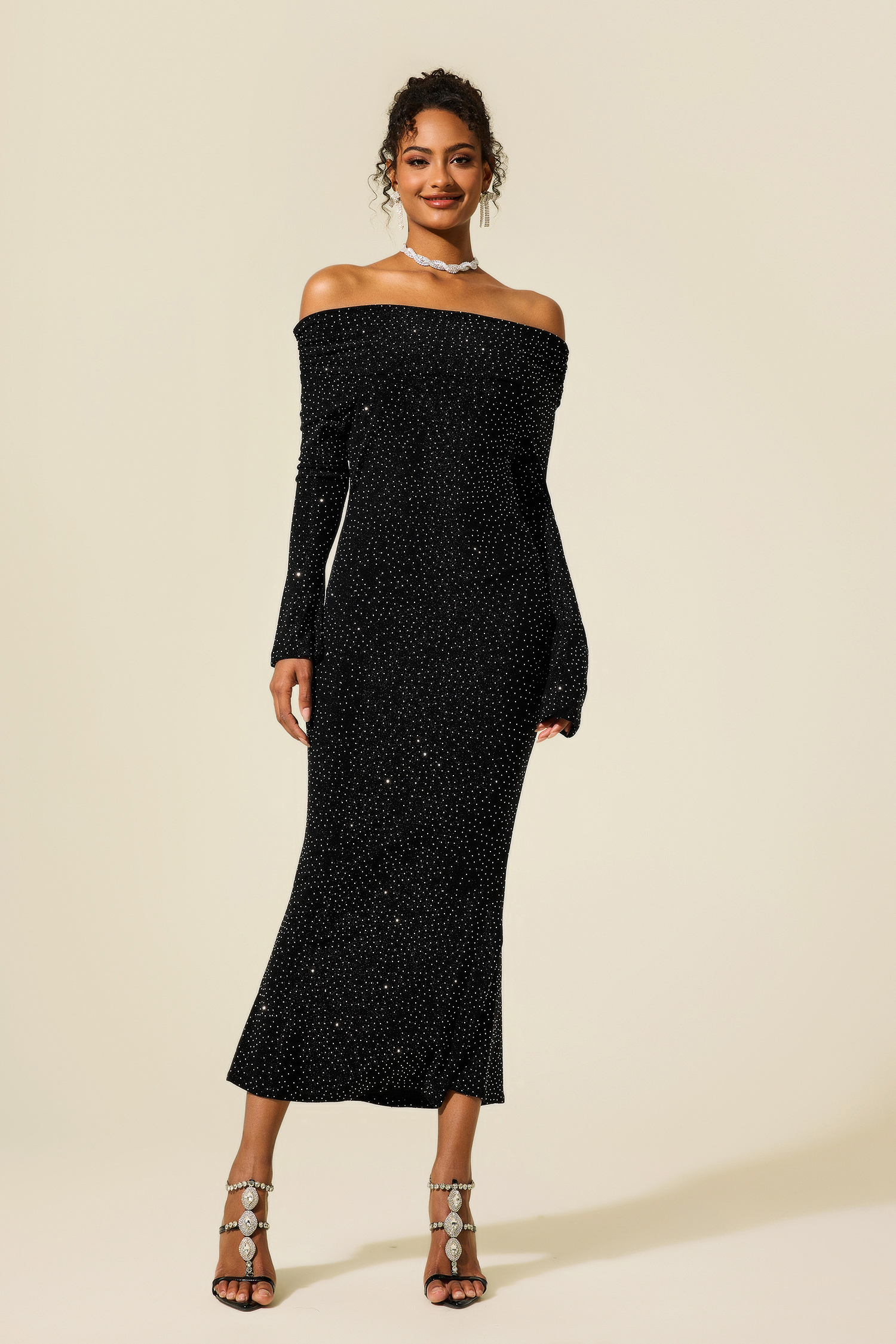 Rhinestone Off-Shoulder Midi Dress