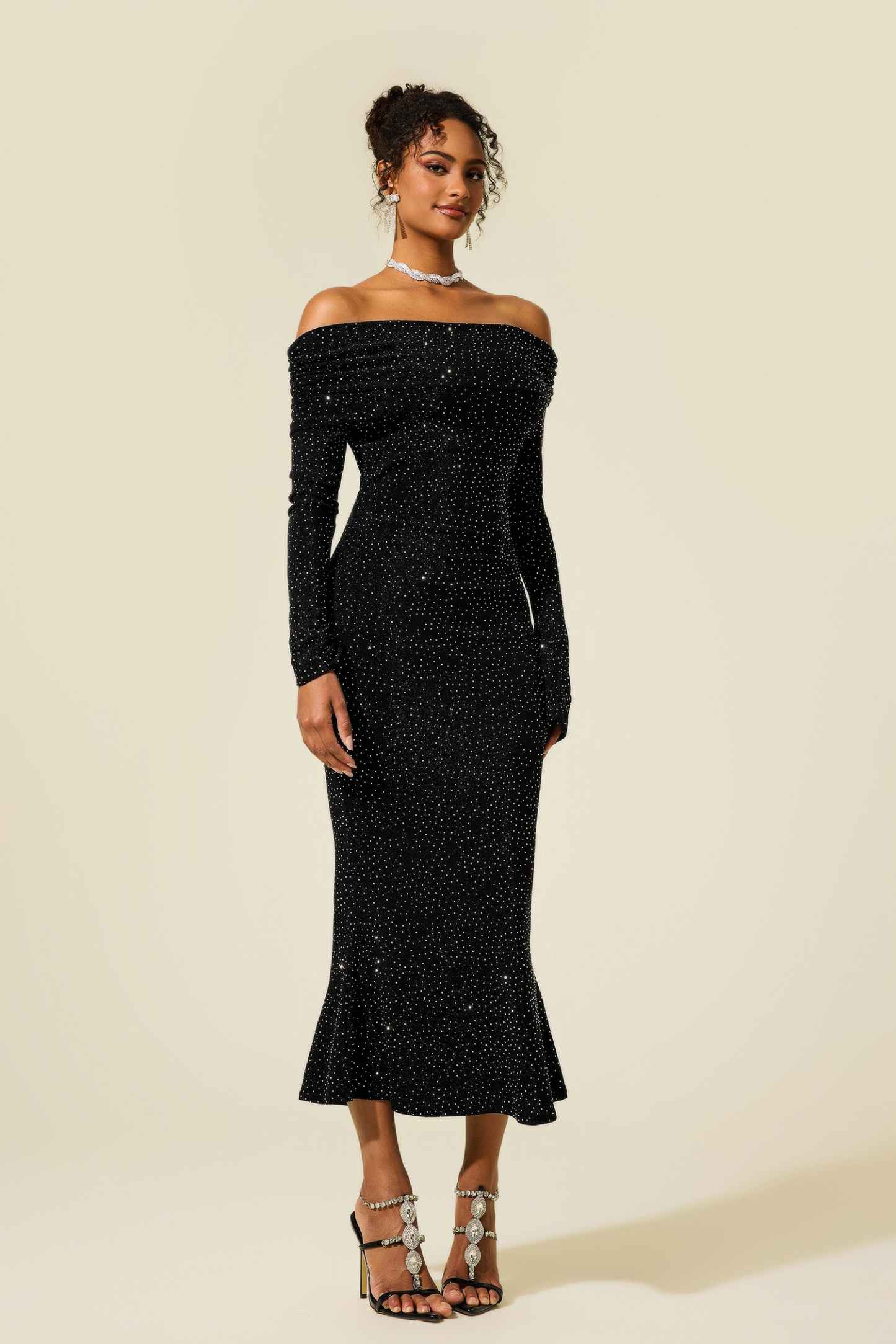 Rhinestone Off-Shoulder Midi Dress