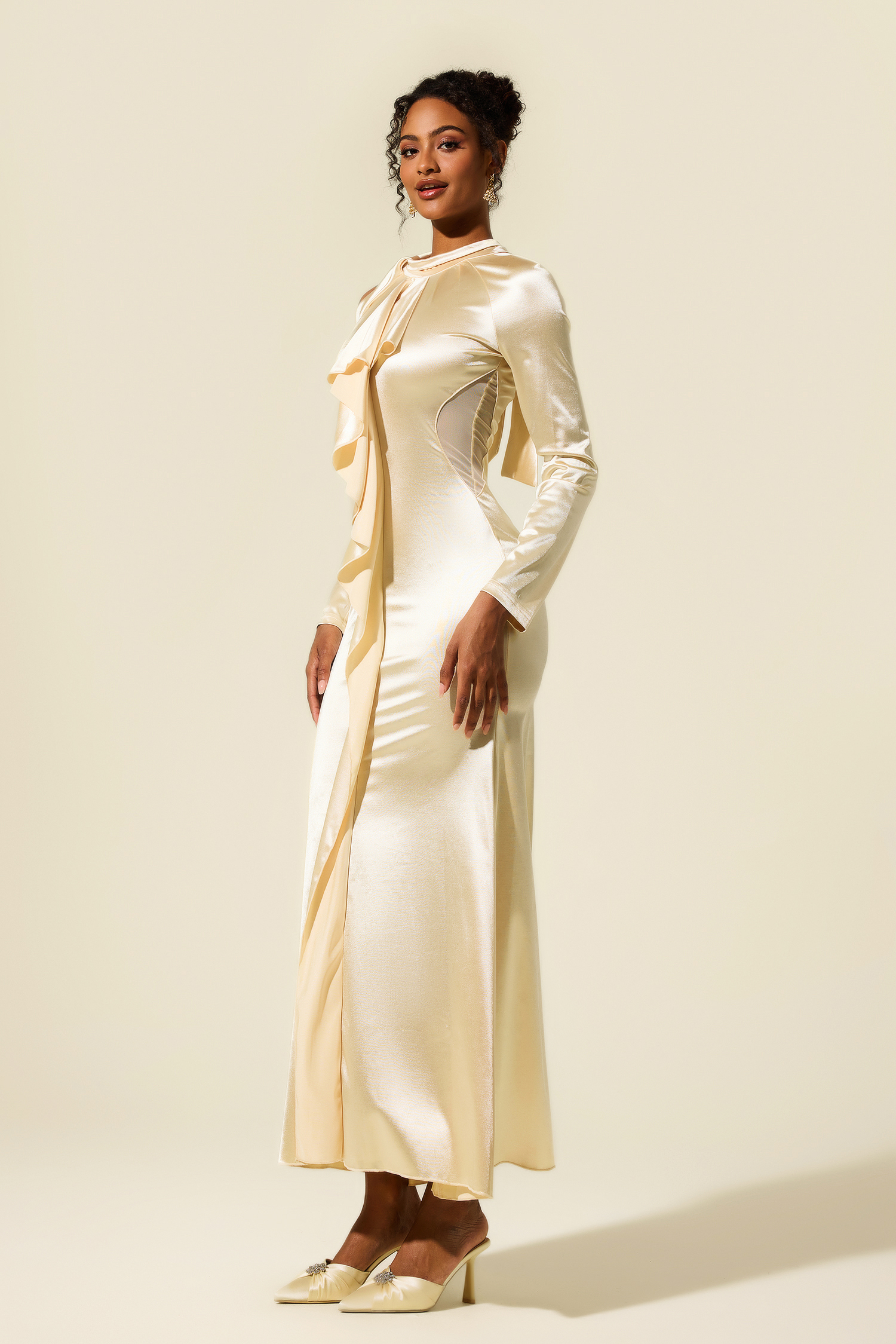 Solid Frill Cut-Out Midi Dress