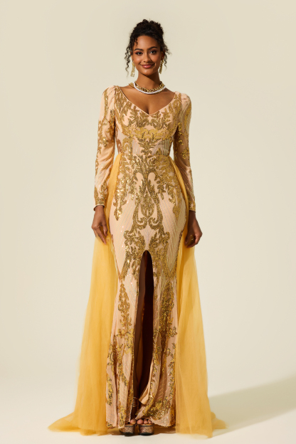 Sequin V-Neck Long Sleeve Cape Maxi Dress