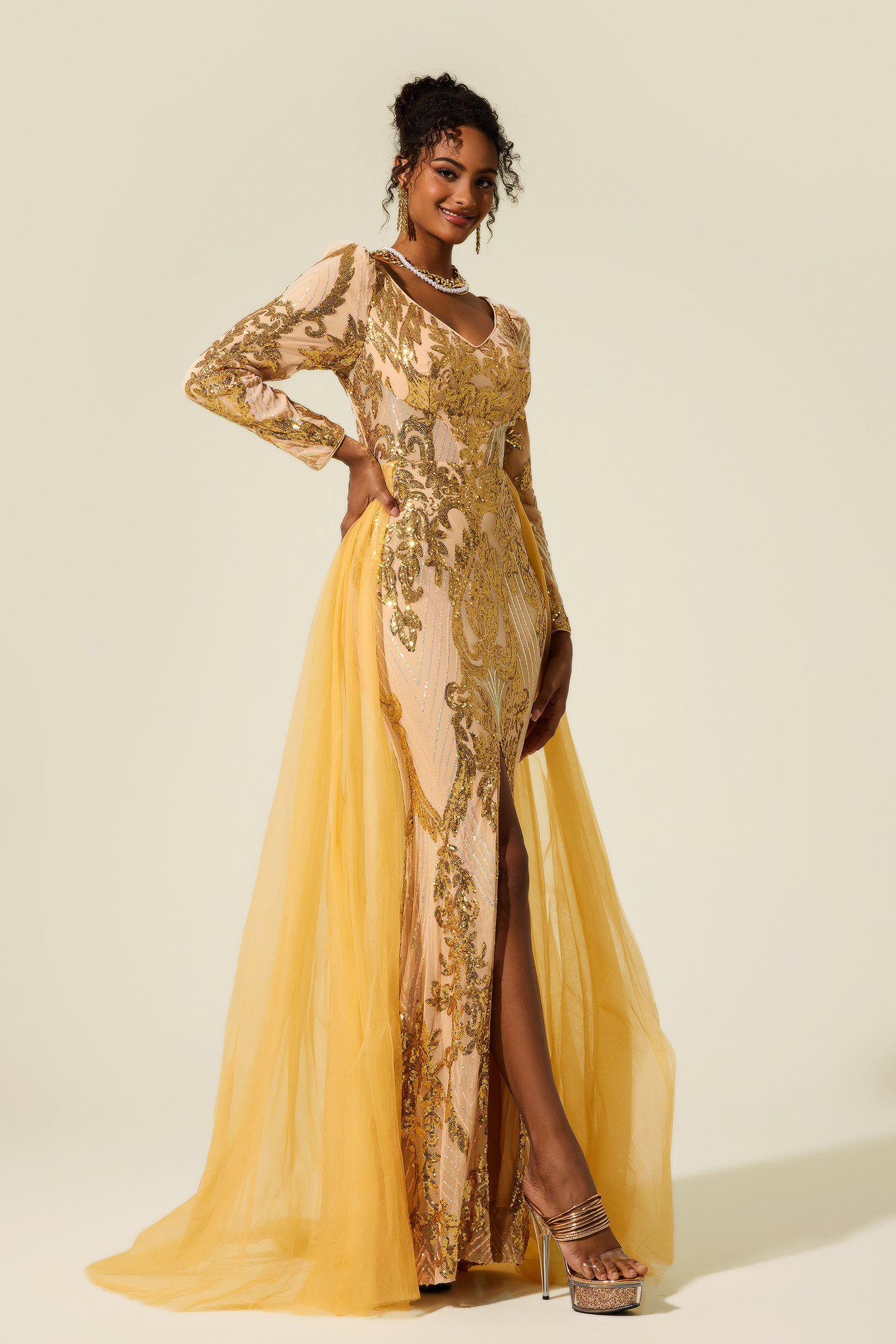 Sequin V-Neck Long Sleeve Cape Maxi Dress