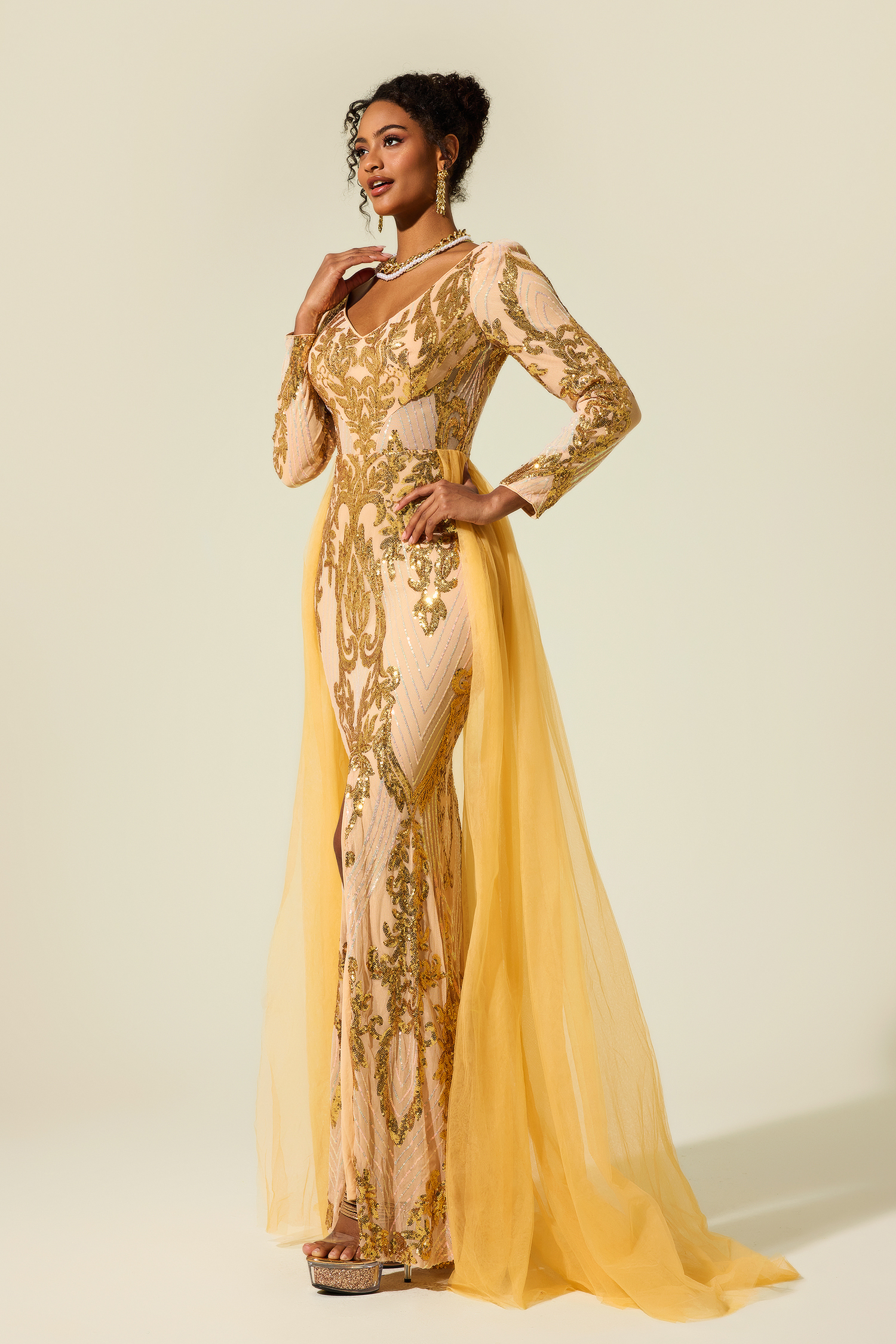 Sequin V-Neck Long Sleeve Cape Maxi Dress