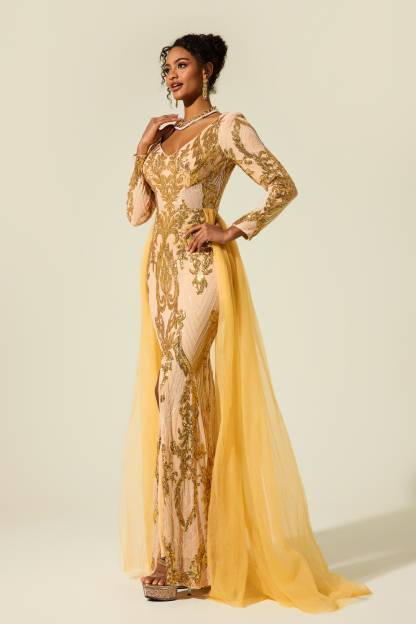 Sequin V-Neck Long Sleeve Cape Maxi Dress