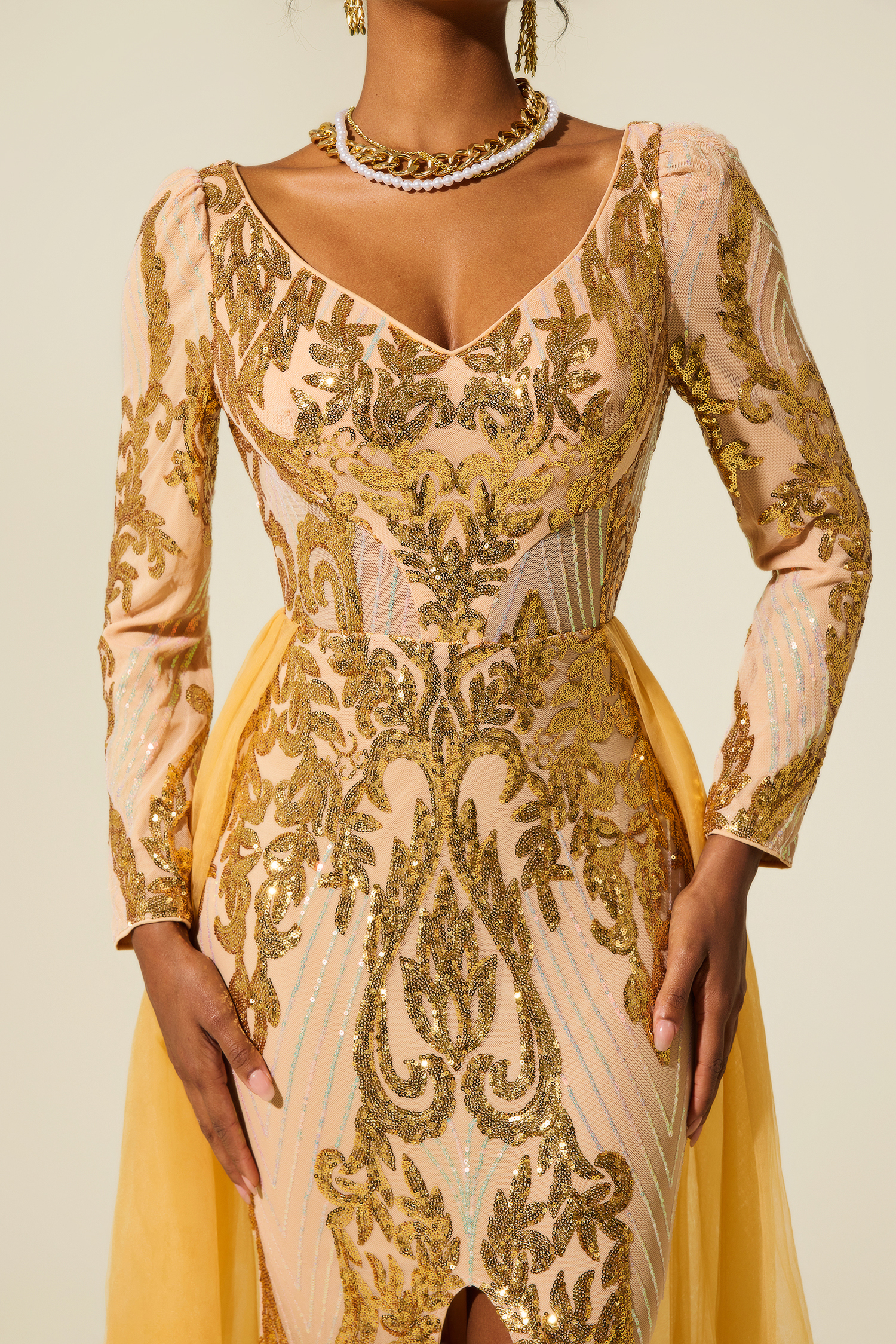 Sequin V-Neck Long Sleeve Cape Maxi Dress