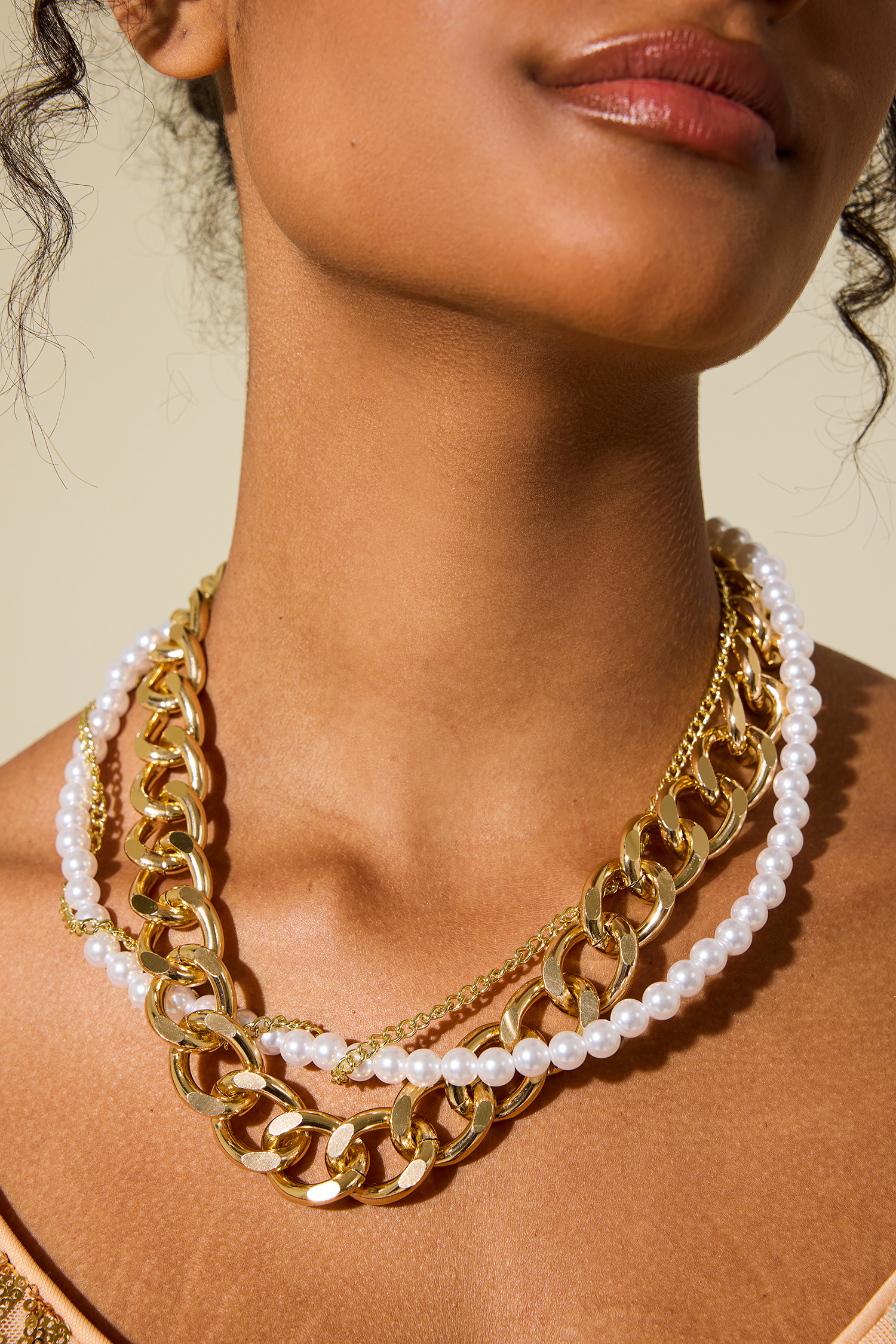 Faux Pearl Metal Chain Multi-Layered Necklace