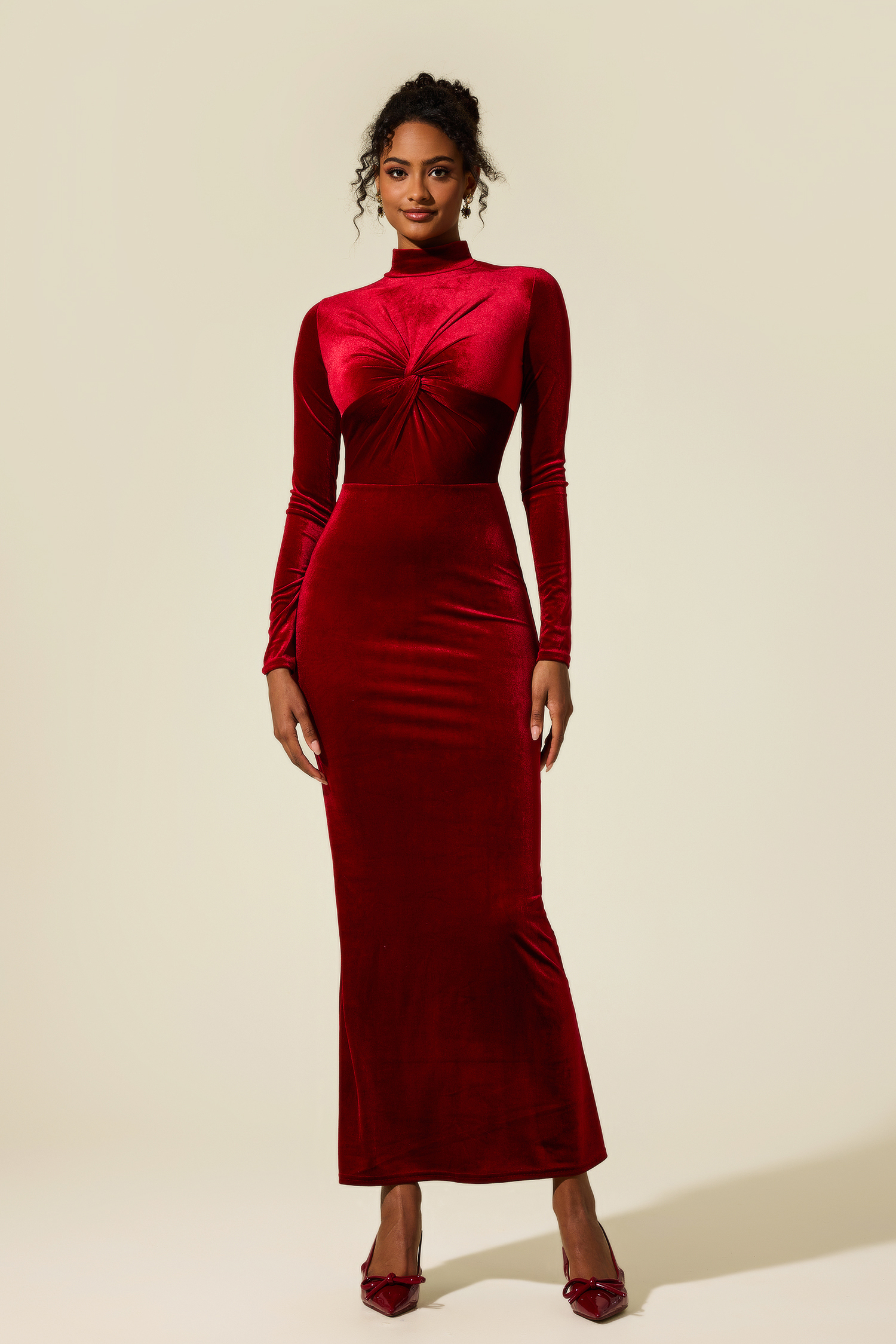 Solid Velvet Knotted Midi Dress