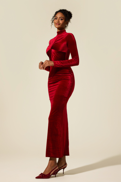 Solid Velvet Knotted Midi Dress