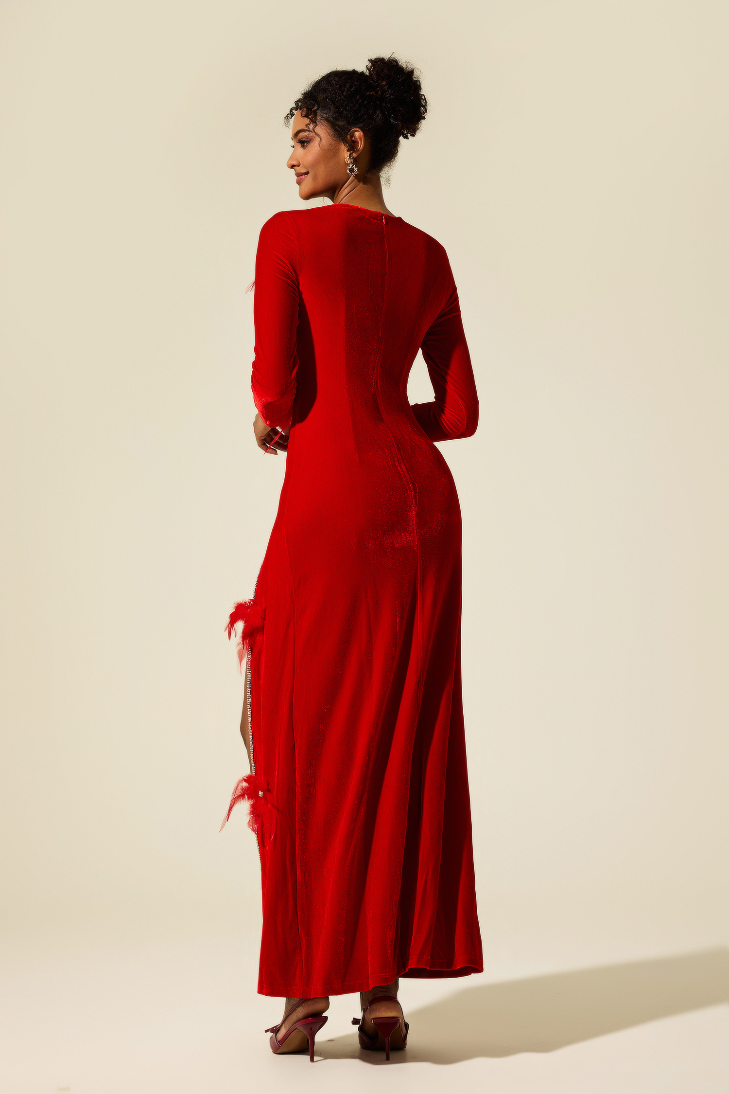 Velvet Feather Rhinestone Split Midi Dress
