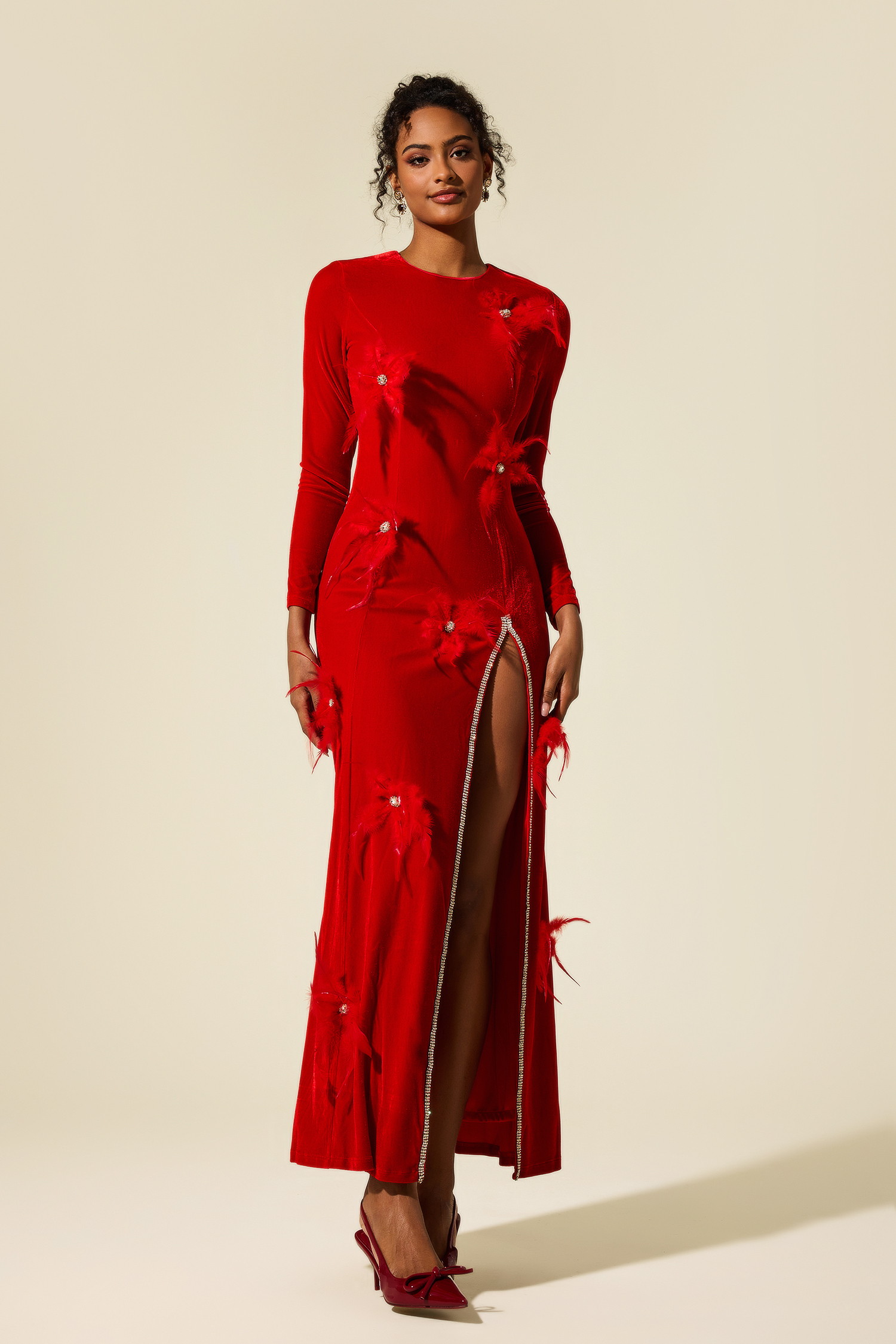 Velvet Feather Rhinestone Split Midi Dress