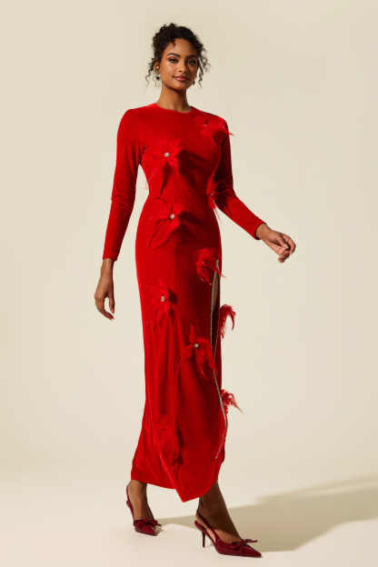 Velvet Feather Rhinestone Split Midi Dress