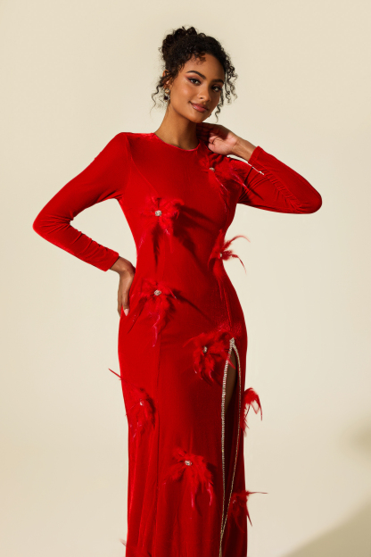 Velvet Feather Rhinestone Split Midi Dress