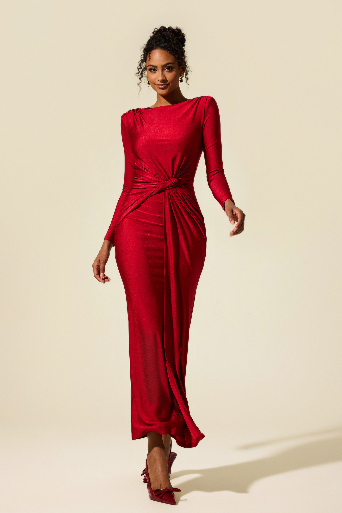 Jersey Solid Ruched Midi Dress