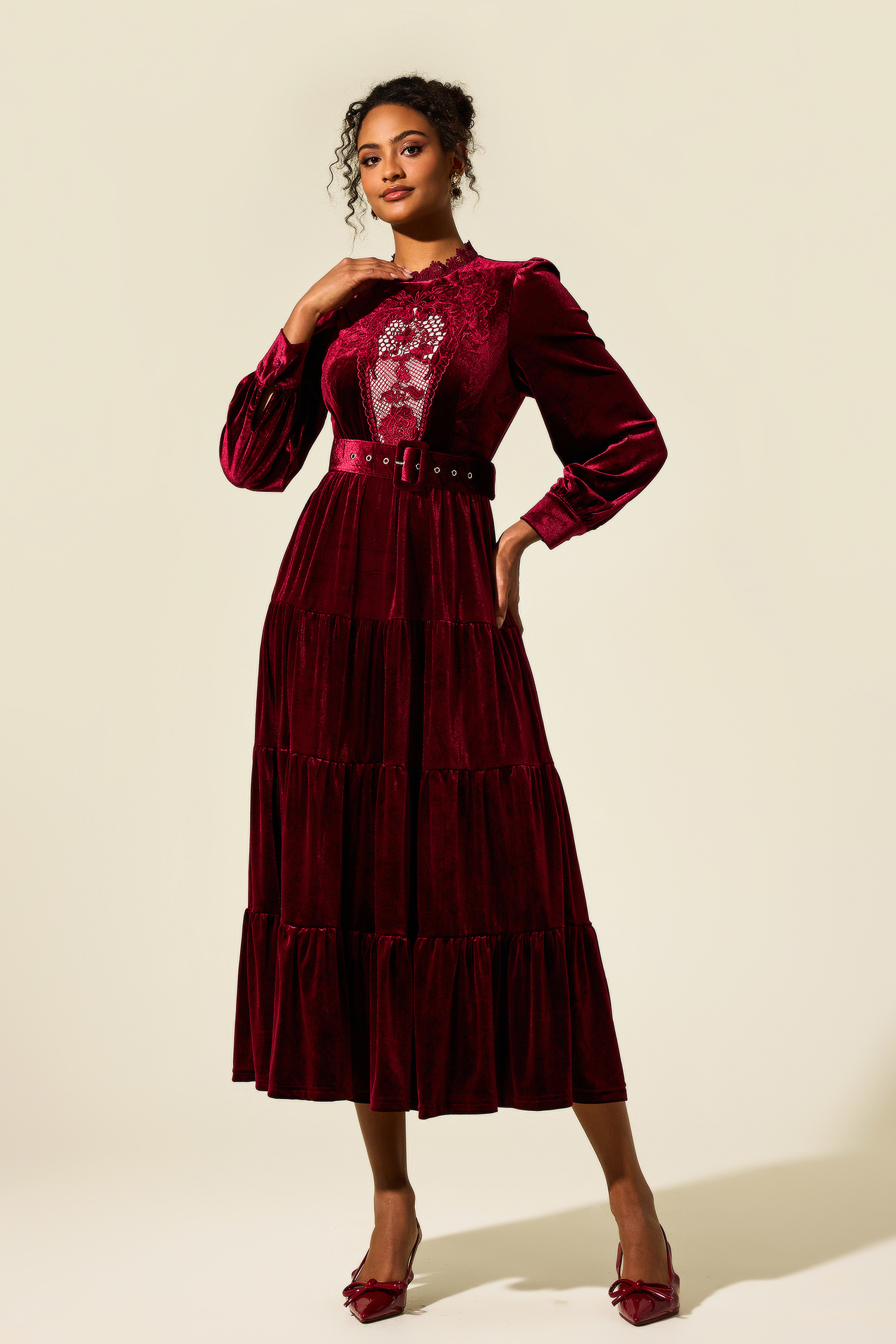 Embroidered Velvet Lantern Sleeve Midi Dress