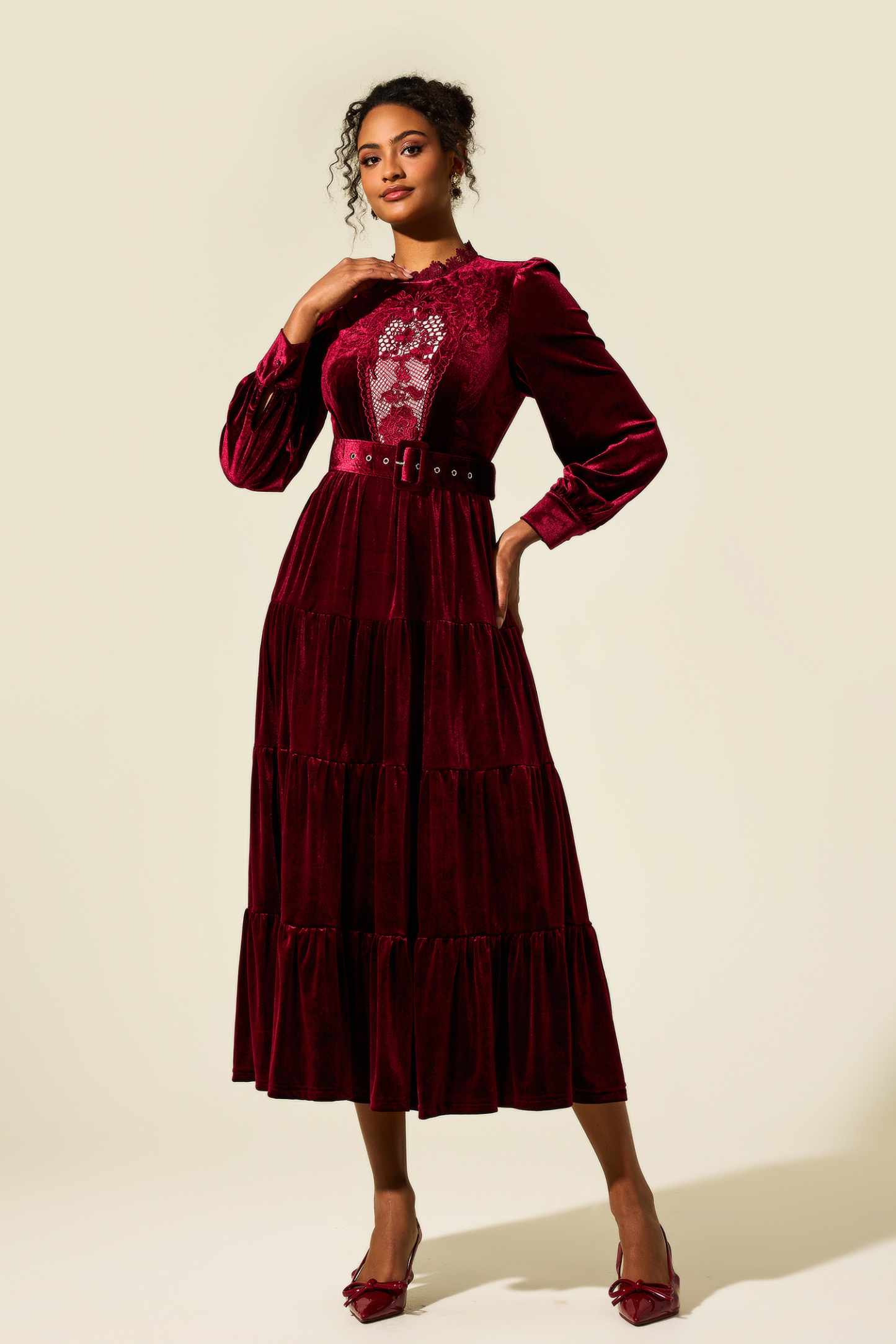 Embroidered Velvet Lantern Sleeve Midi Dress