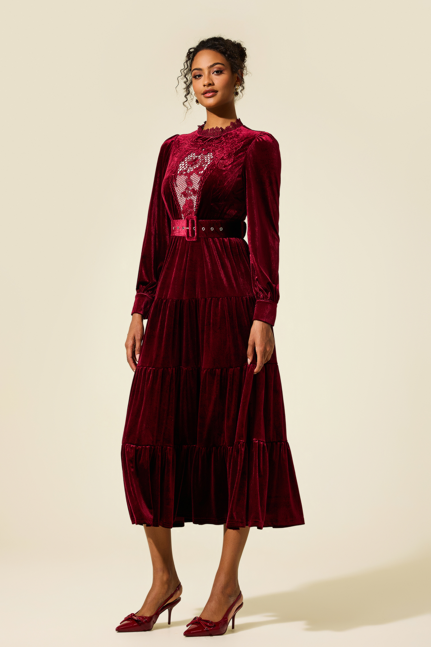 Embroidered Velvet Lantern Sleeve Midi Dress