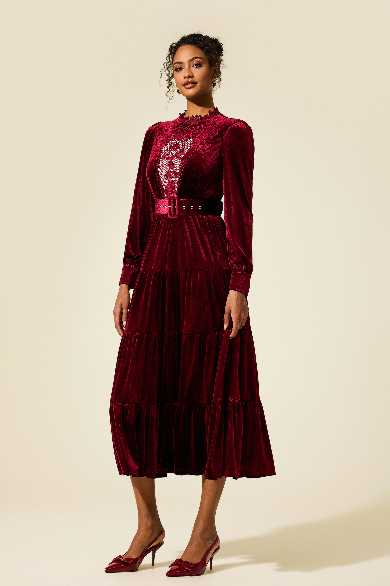 Embroidered Velvet Lantern Sleeve Midi Dress