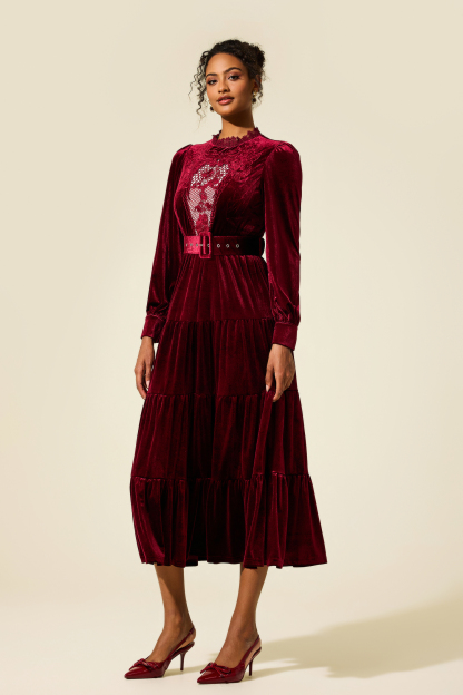 Embroidered Velvet Lantern Sleeve Midi Dress