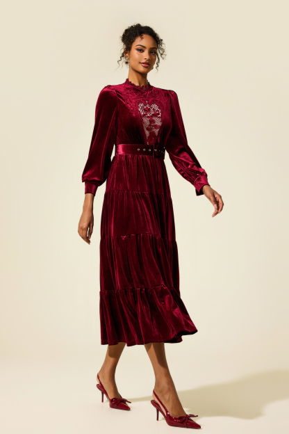 Embroidered Velvet Lantern Sleeve Midi Dress