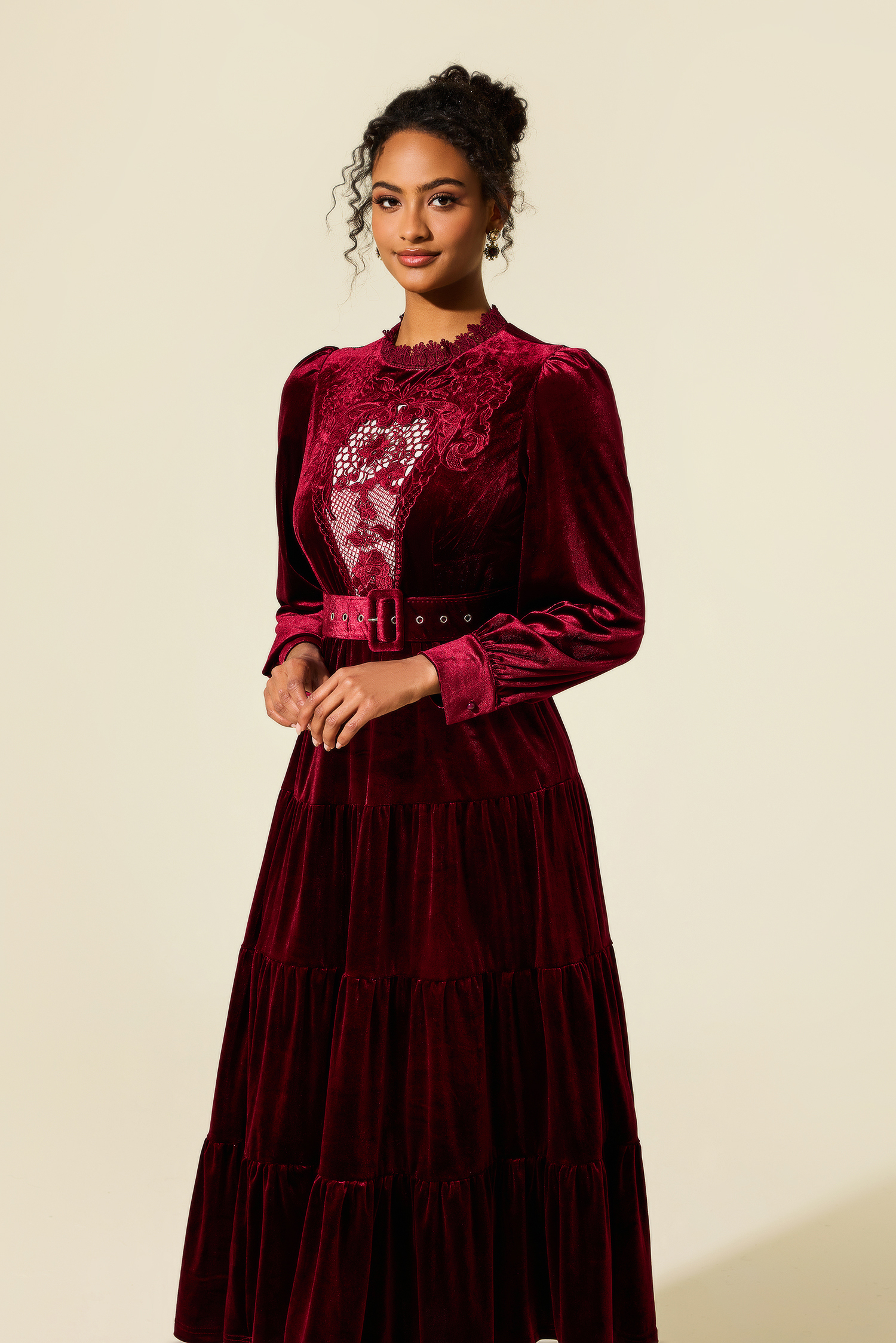 Embroidered Velvet Lantern Sleeve Midi Dress