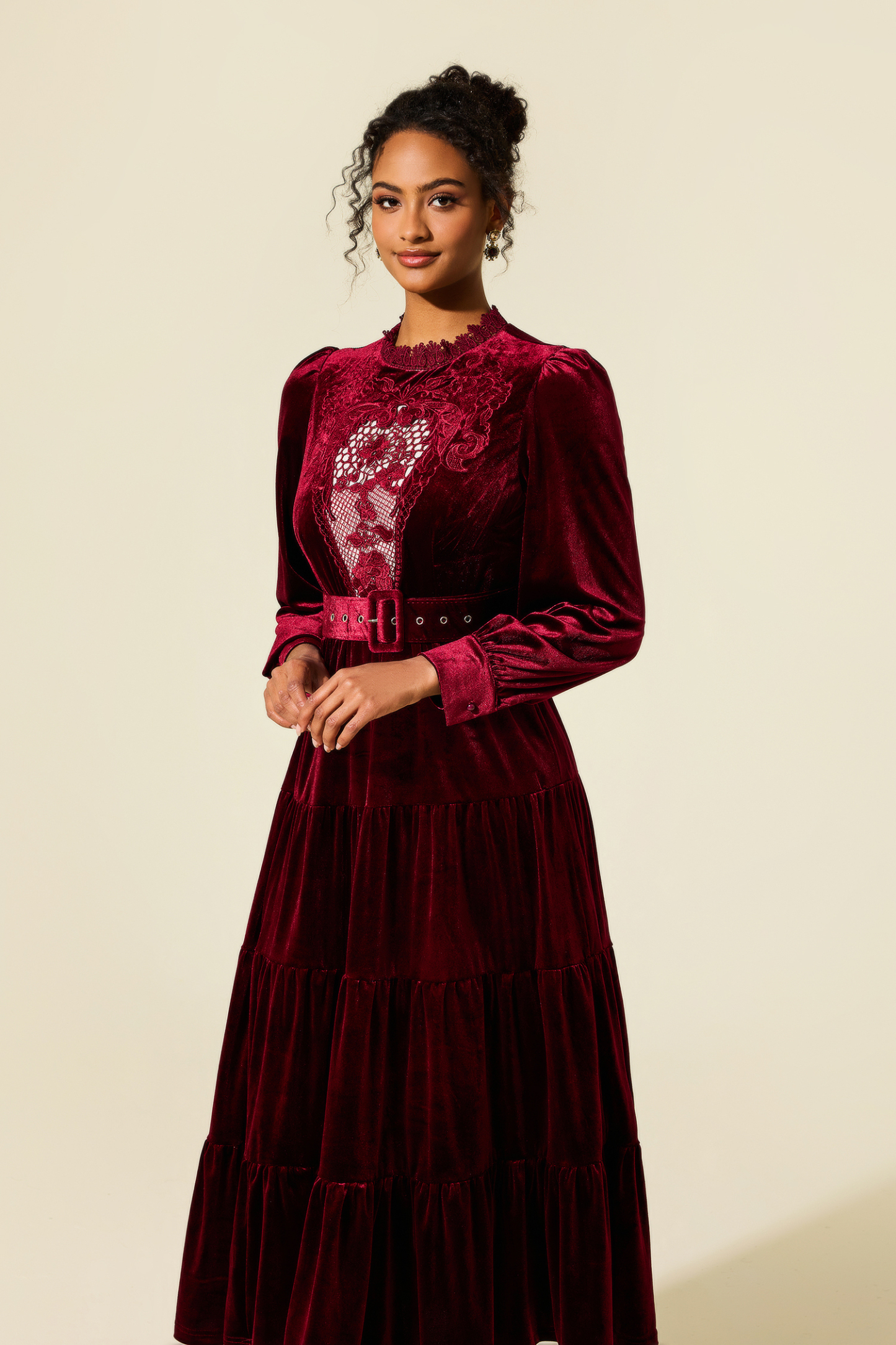 Embroidered Velvet Lantern Sleeve Midi Dress