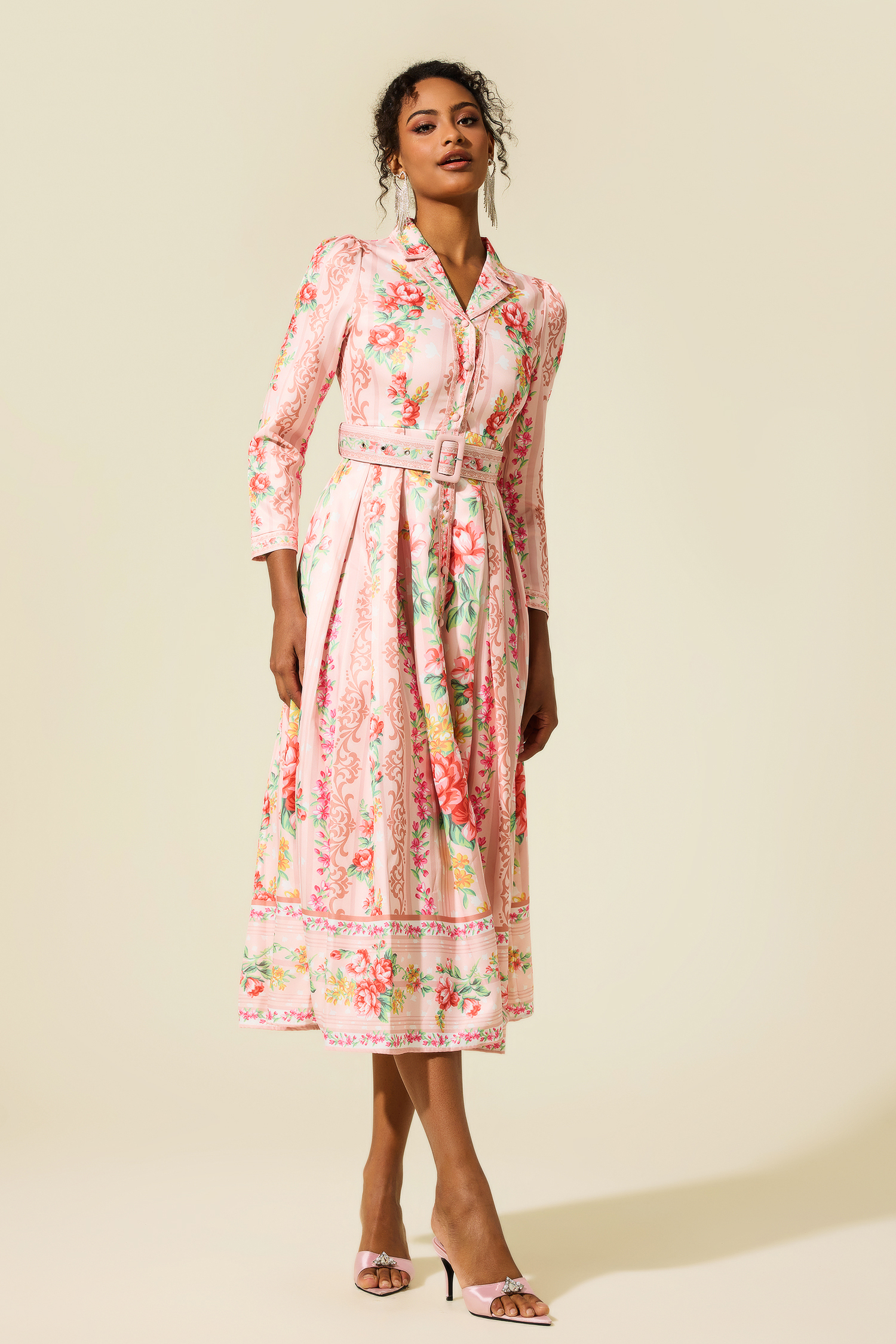 Floral Long Sleeve Midi Dress With Belt