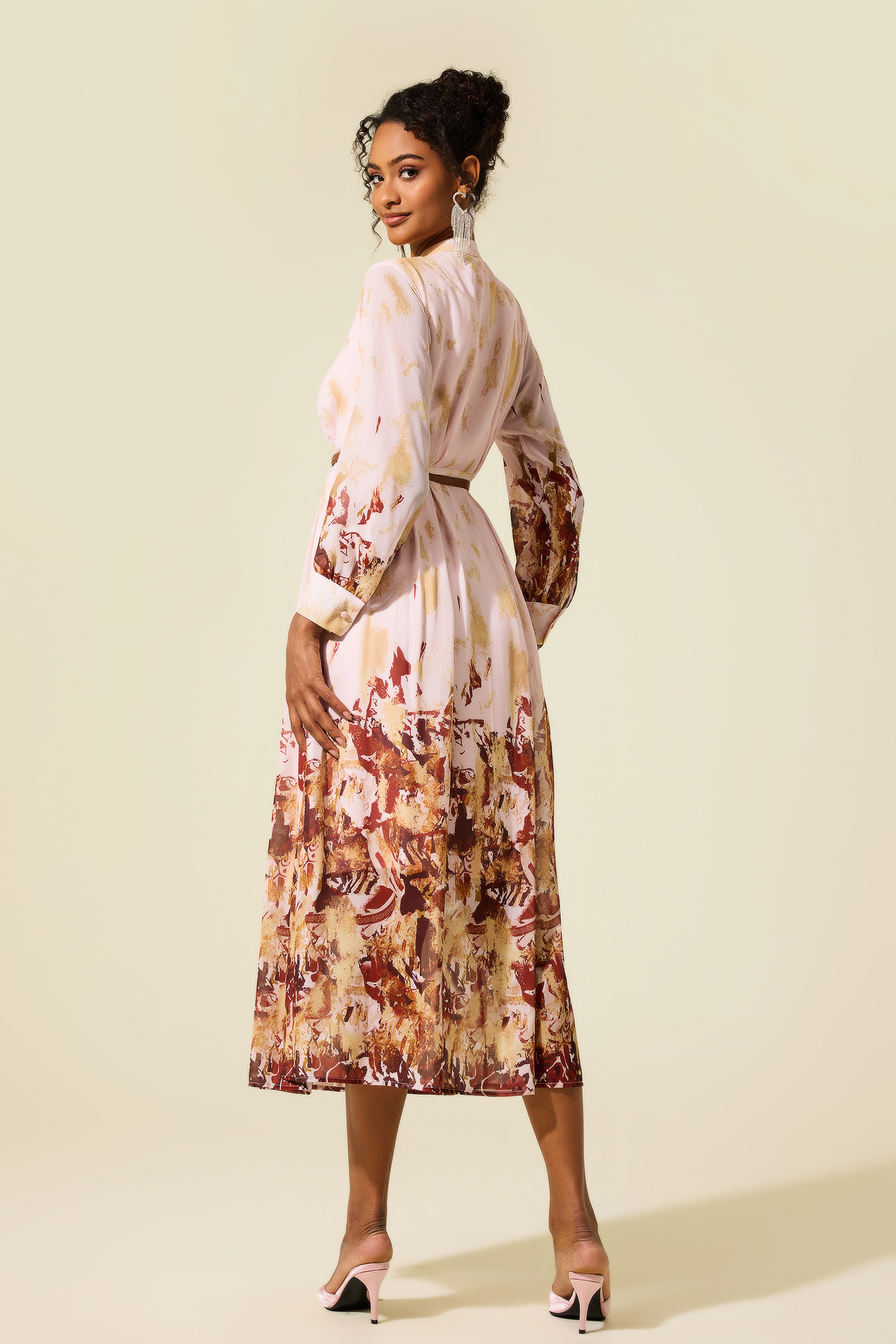 Abstract Print Single Breasted Midi Dress With Belt