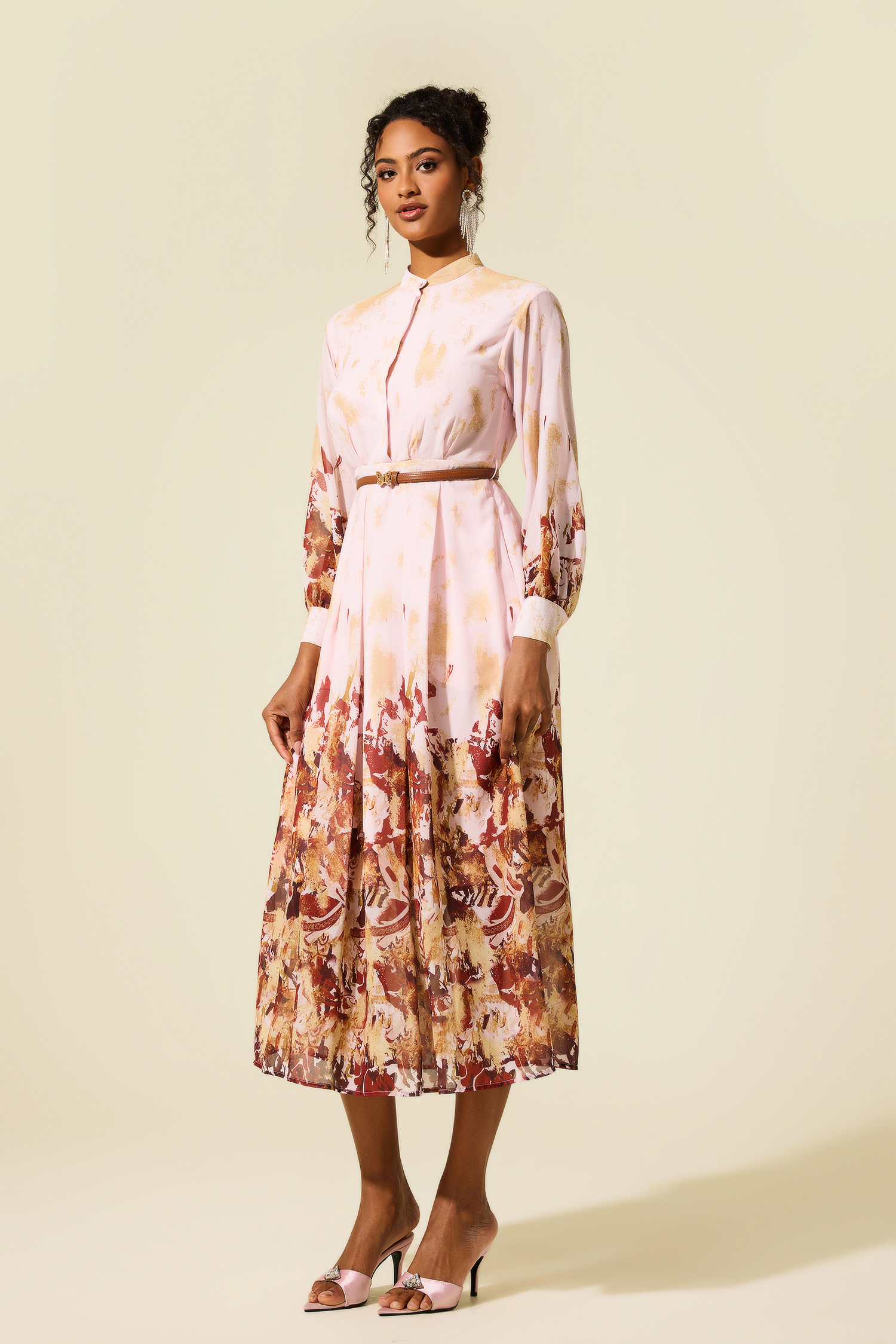 Abstract Print Single Breasted Midi Dress With Belt