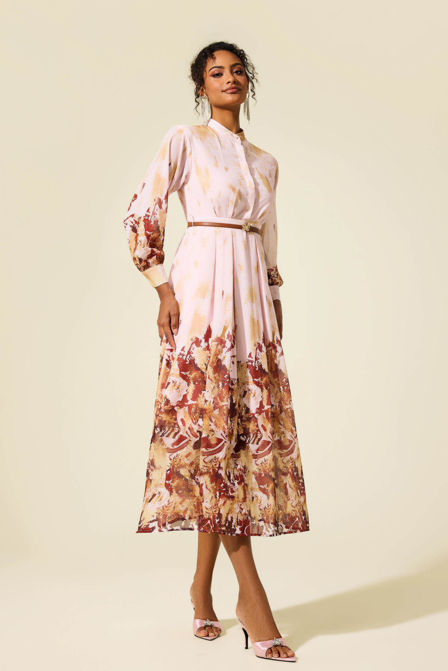 Abstract Print Single Breasted Midi Dress With Belt