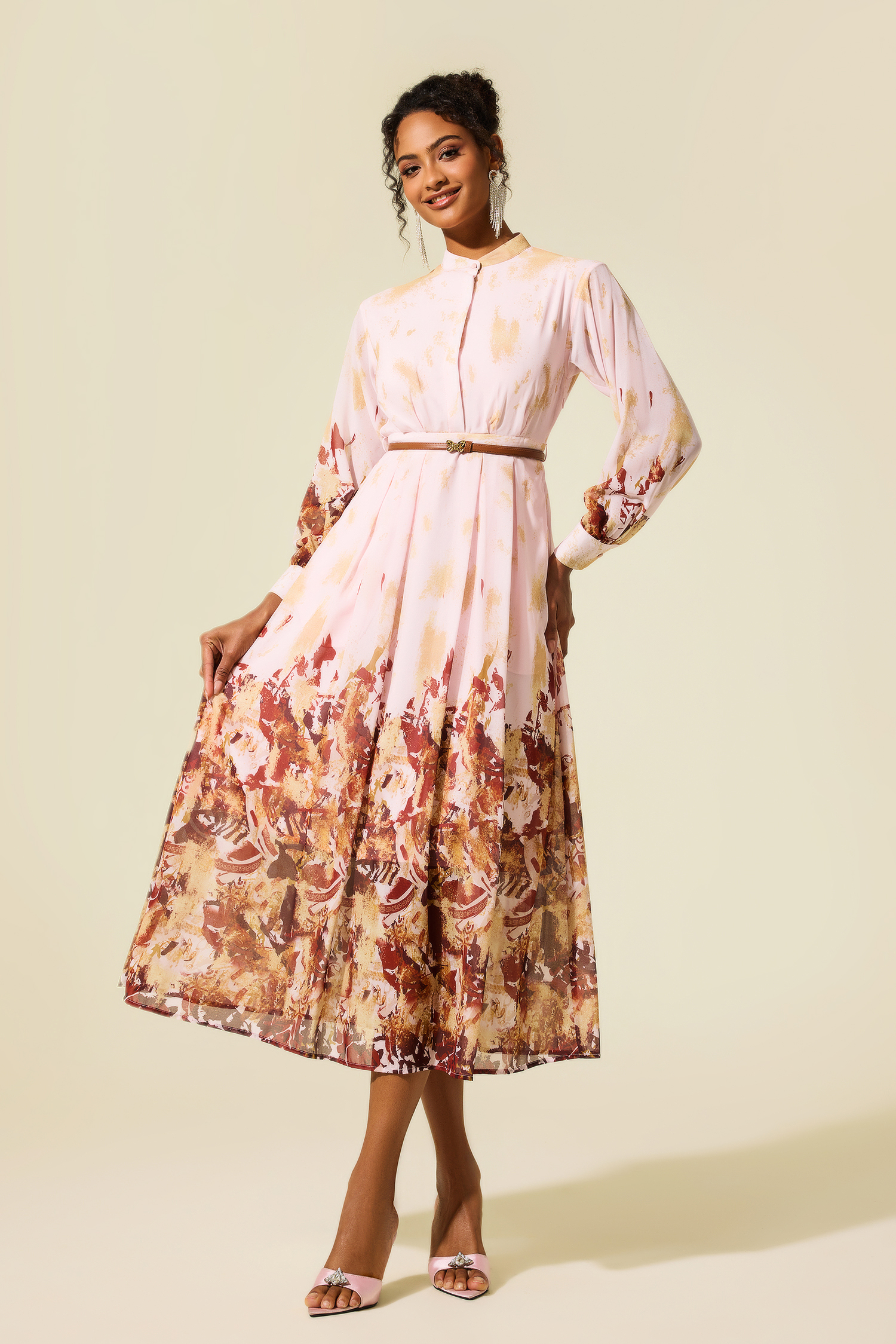 Abstract Print Single Breasted Midi Dress With Belt