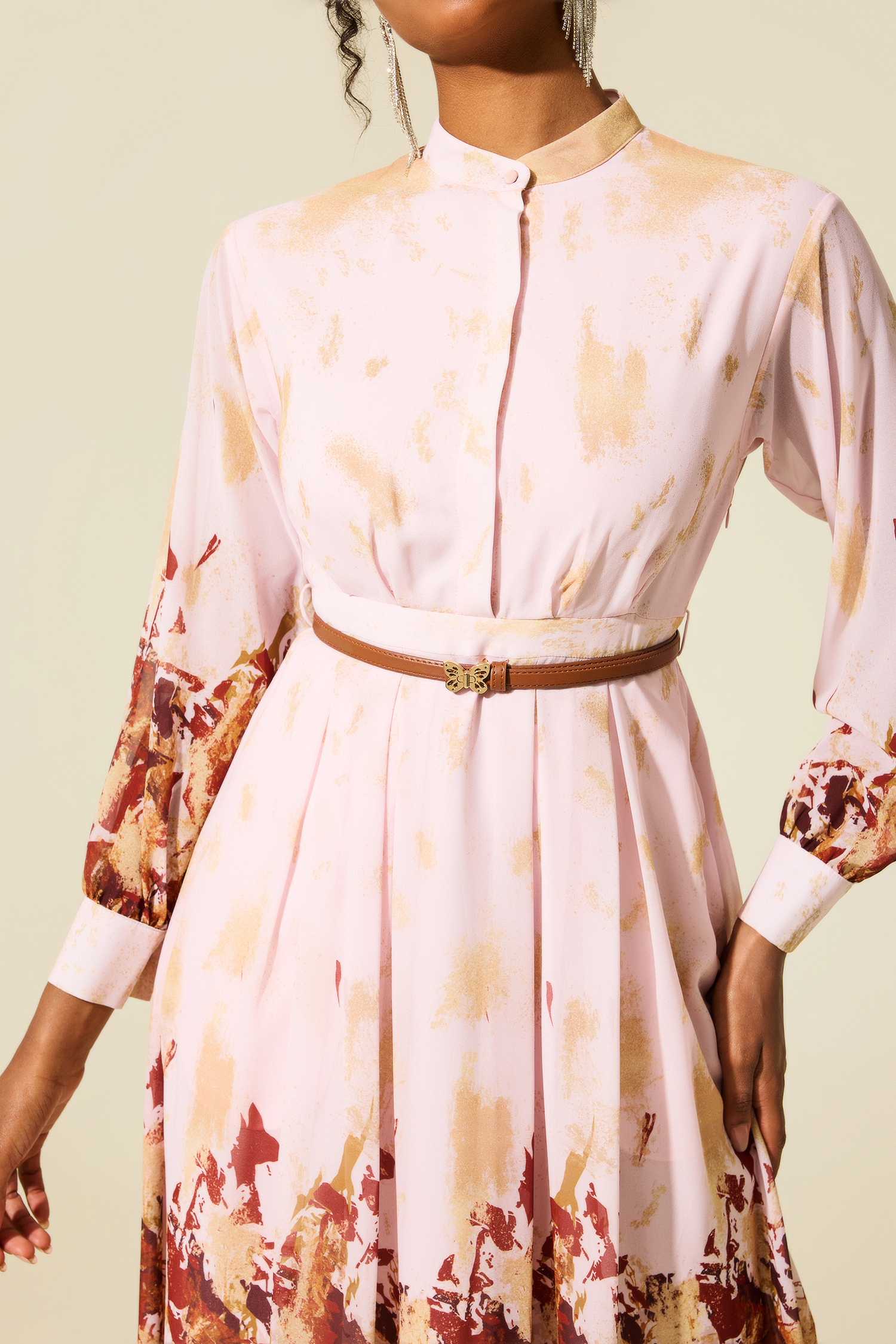 Abstract Print Single Breasted Midi Dress With Belt