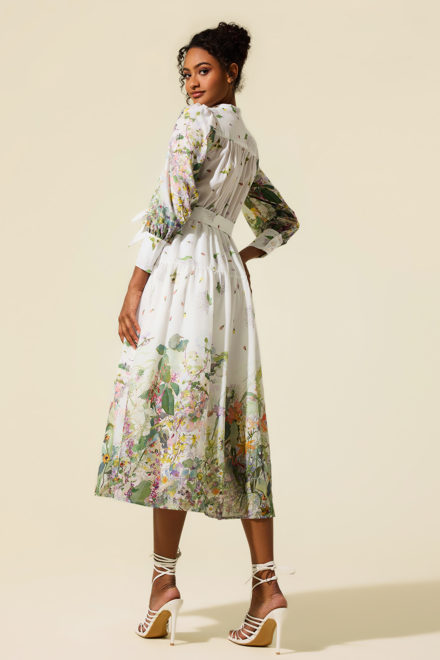 Long Sleeve Floral Stand Collar Midi Dress