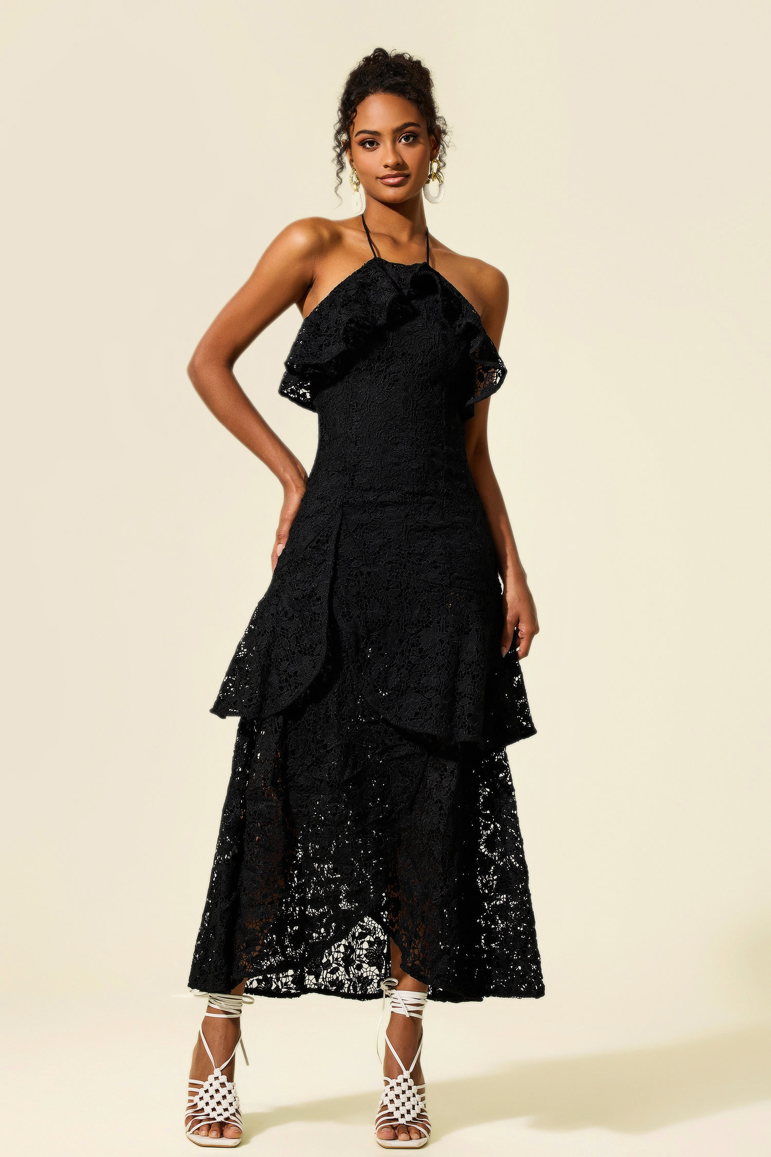 Lace Halter Neck Large Hemline Maxi Dress