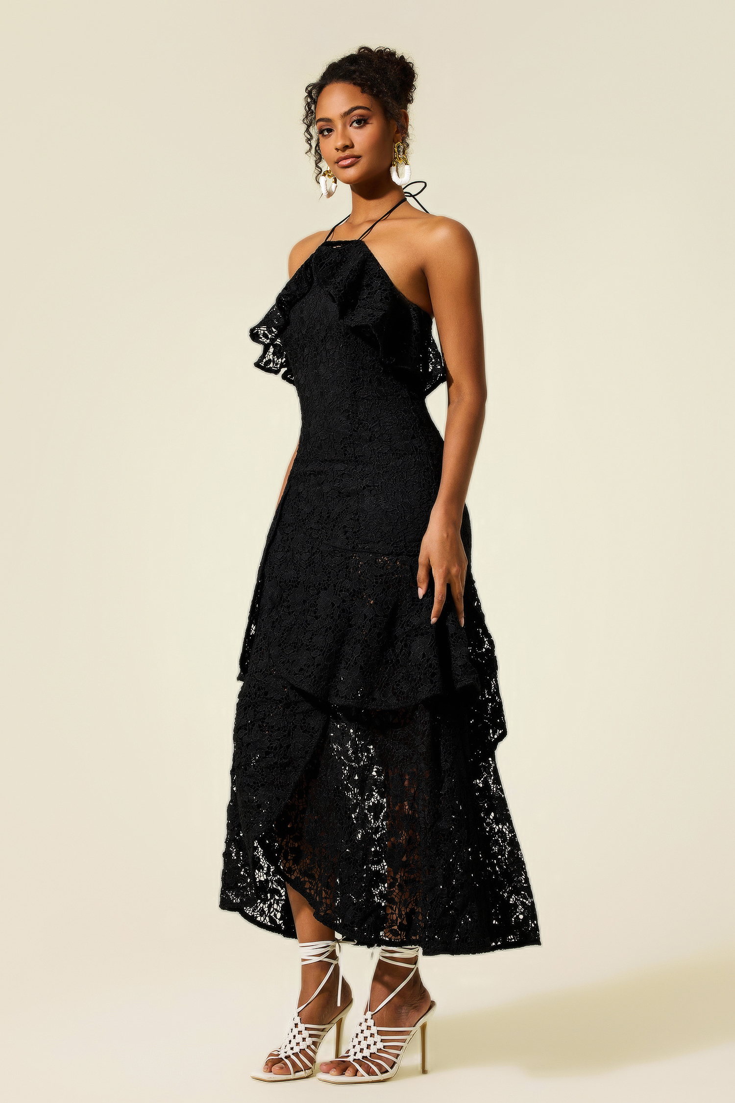 Lace Halter Neck Large Hemline Maxi Dress