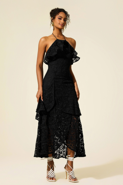 Lace Halter Neck Large Hemline Maxi Dress