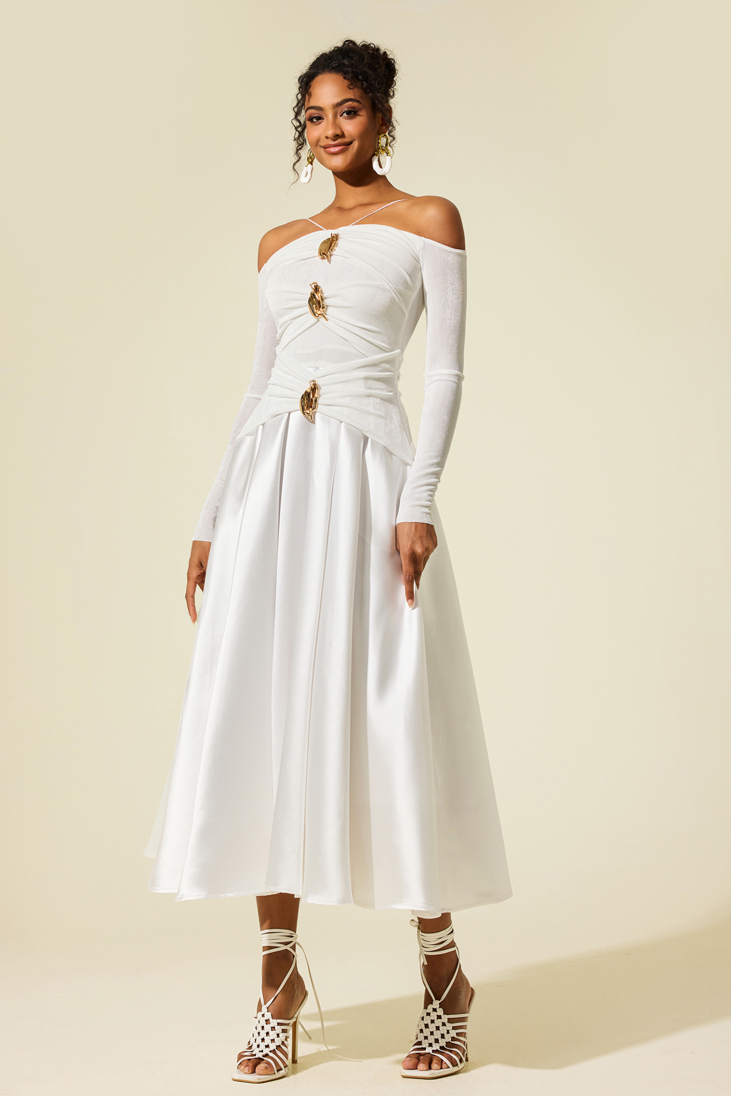 Satin Jersey Long Sleeve Off-Shoulder Midi Dress