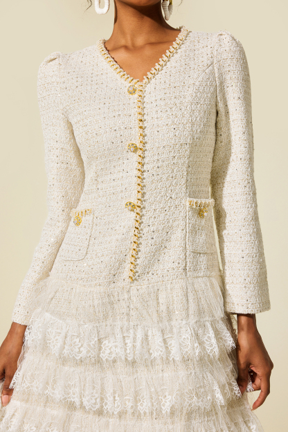 Tweed Long Sleeve Lace Mini Dress