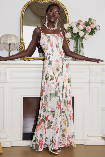 Floral Ruched Sweetheart Neck Maxi Dress