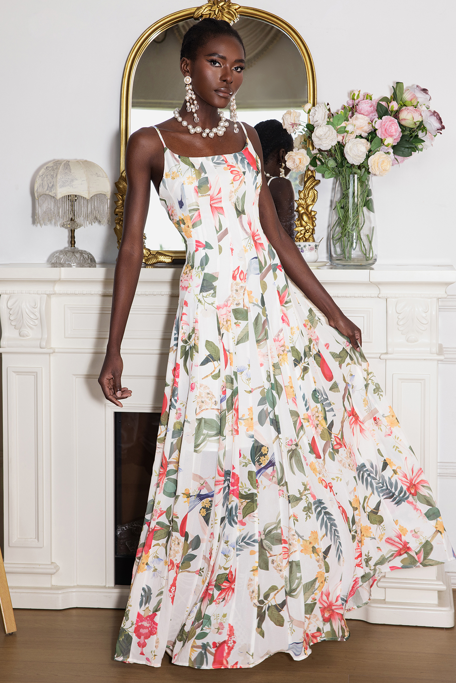 Floral Ruched Sweetheart Neck Maxi Dress