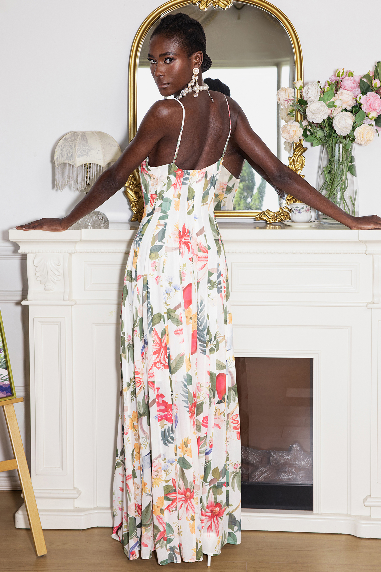 Floral Ruched Sweetheart Neck Maxi Dress