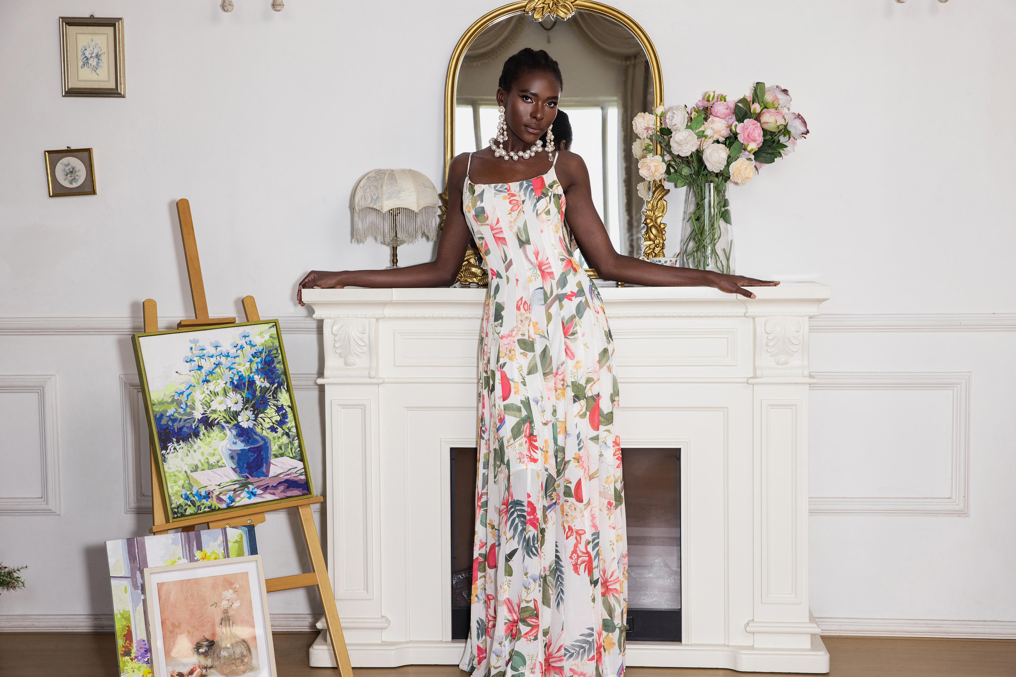 Floral Ruched Sweetheart Neck Maxi Dress