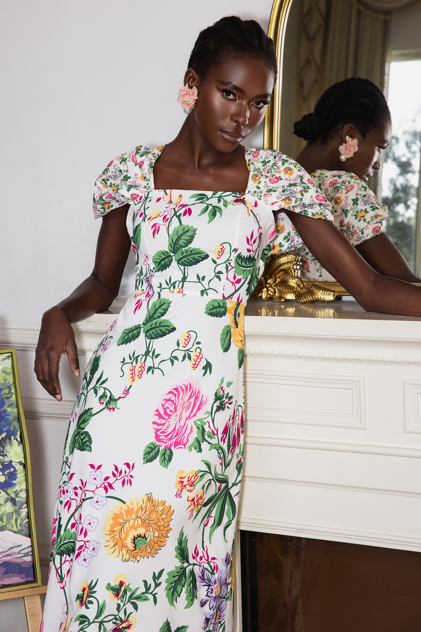 Floral Bow Draped Short Sleeve Midi Dress